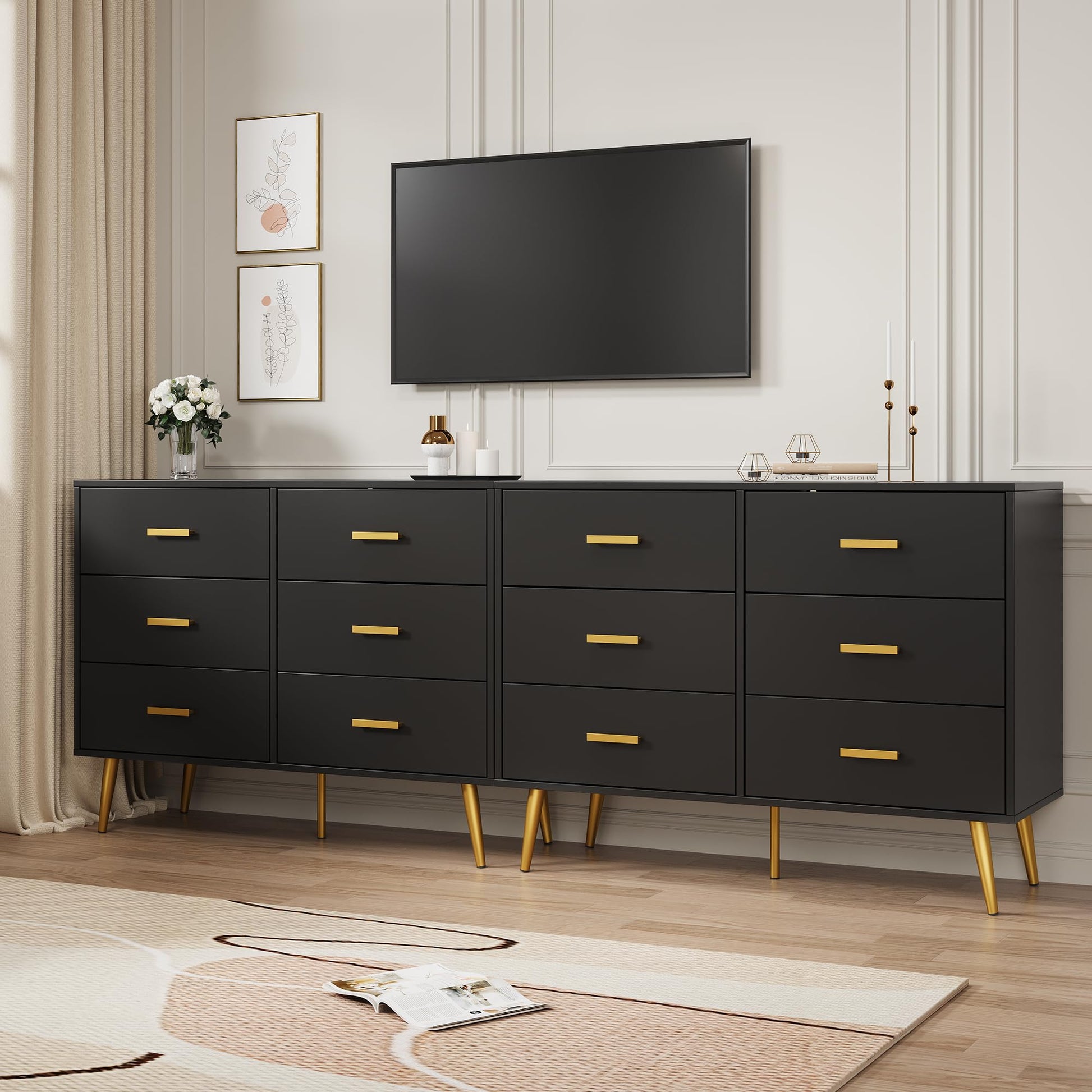 Cassettiera moderna Garvee a 6 cassetti con contenitore, in legno MDF, maniglie dorate per camera da letto e soggiorno, nera, versatile