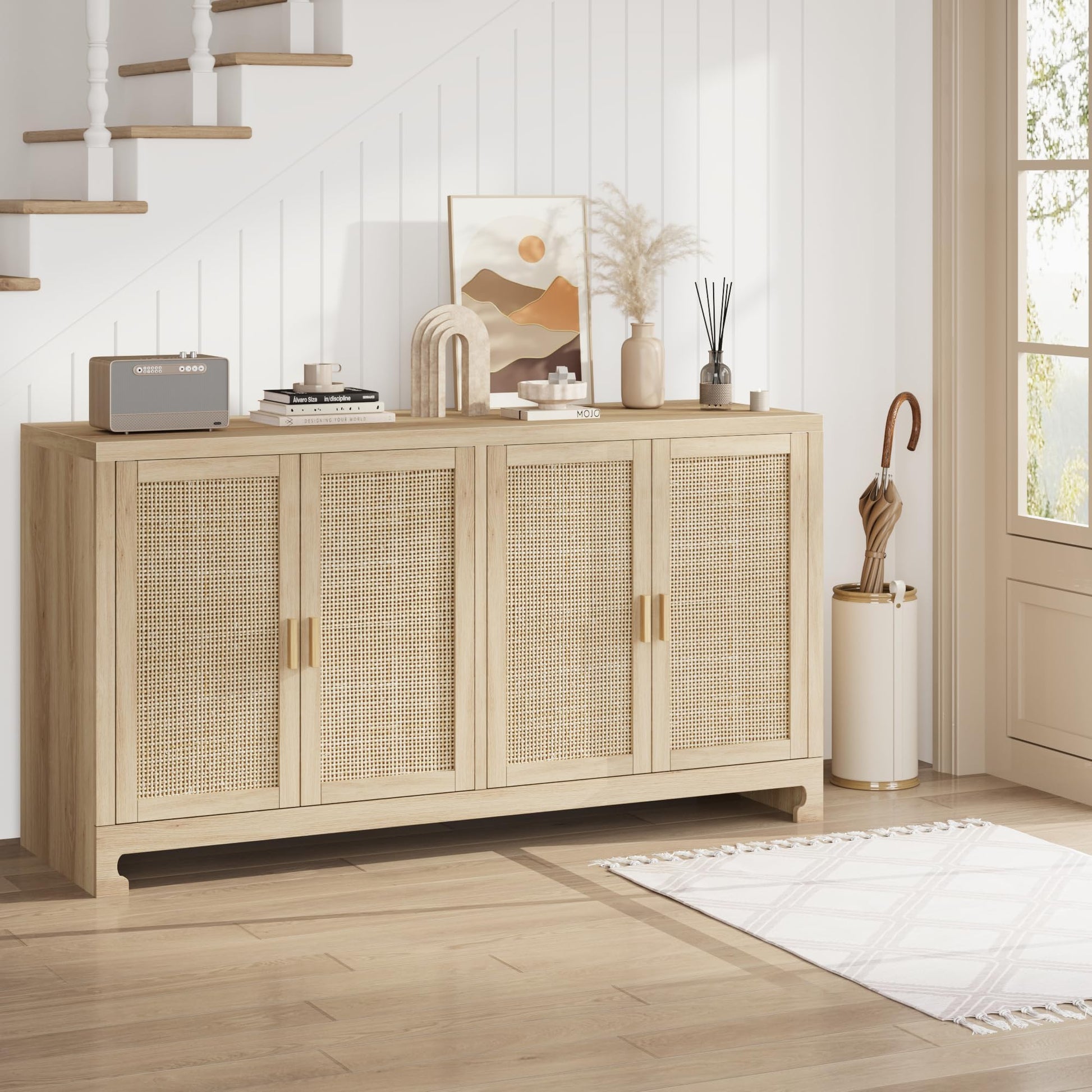 Mobiletto portaoggetti moderno in stile boho Garvee da 40 pollici con ante in rattan intrecciato, ripiano regolabile per soggiorno e cucina, bianco marrone, compatto