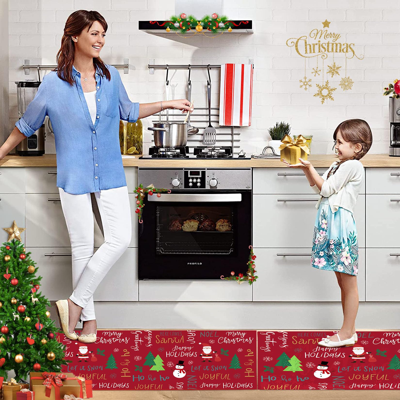 Garvee Set di 2 tappetini da cucina, tappetini natalizi antiscivolo per cucina, corridoio, sala da pranzo, 40x60+40x120 cm, multicolore