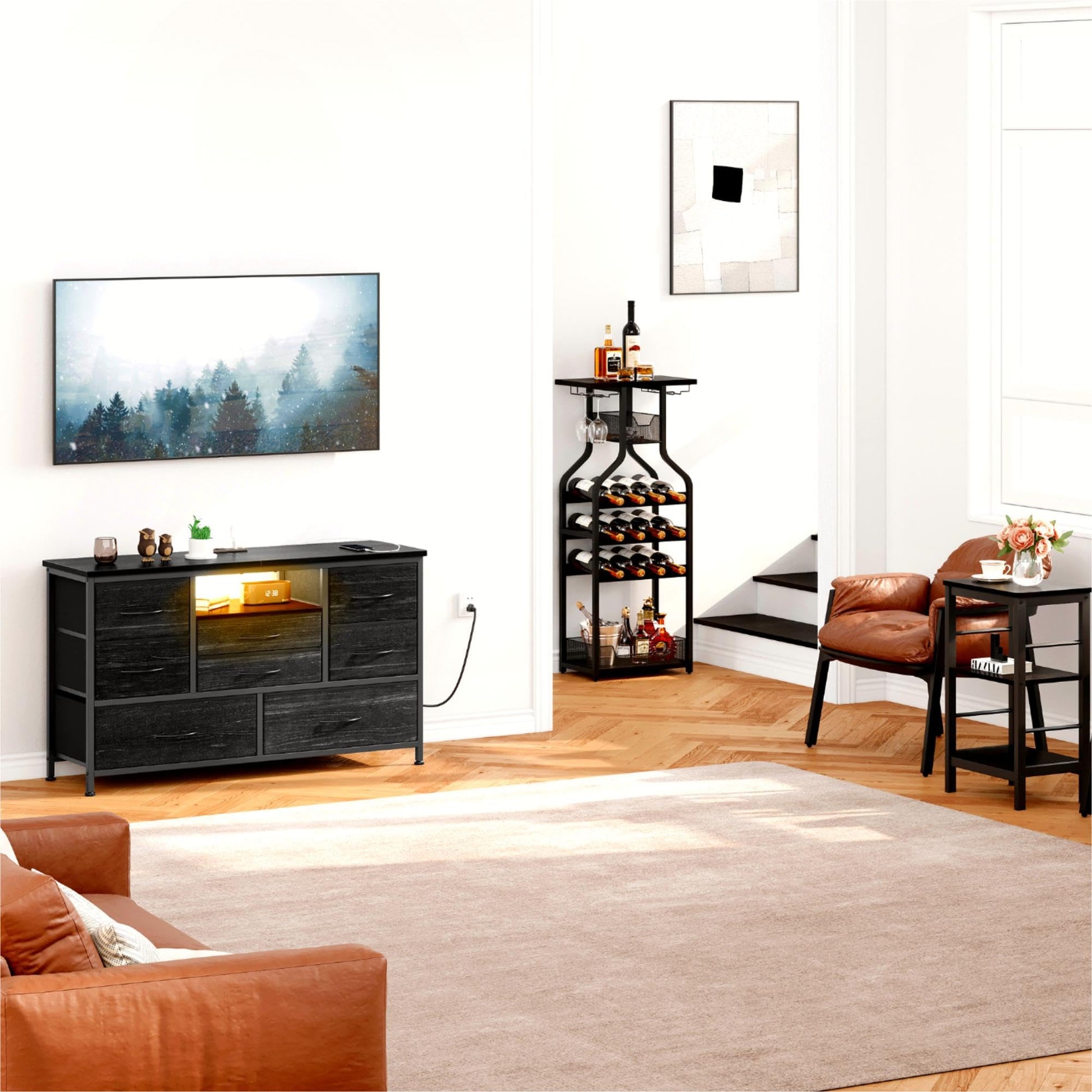 Mobile TV Garvee a 8 cassetti con illuminazione a LED e presa di corrente per soggiorno e camera da letto, legno MDF, luce RGB, ampio spazio di archiviazione, gestione dei cavi, bianco
