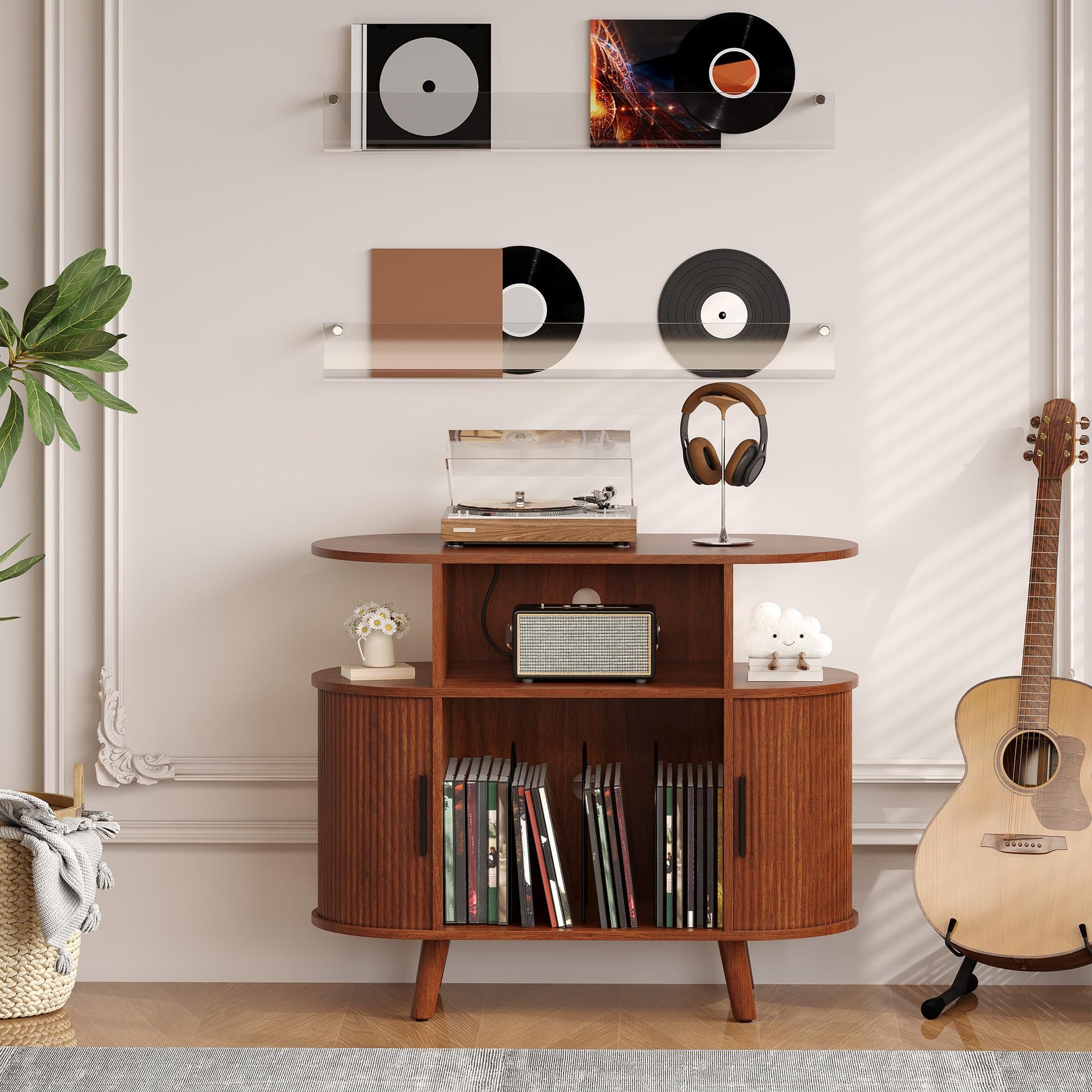 Supporto per giradischi rotondo Garvee di grandi dimensioni con caricabatterie e porte USB, supporto rustico in vinile per soggiorno, legno e metallo, stabile, versatile