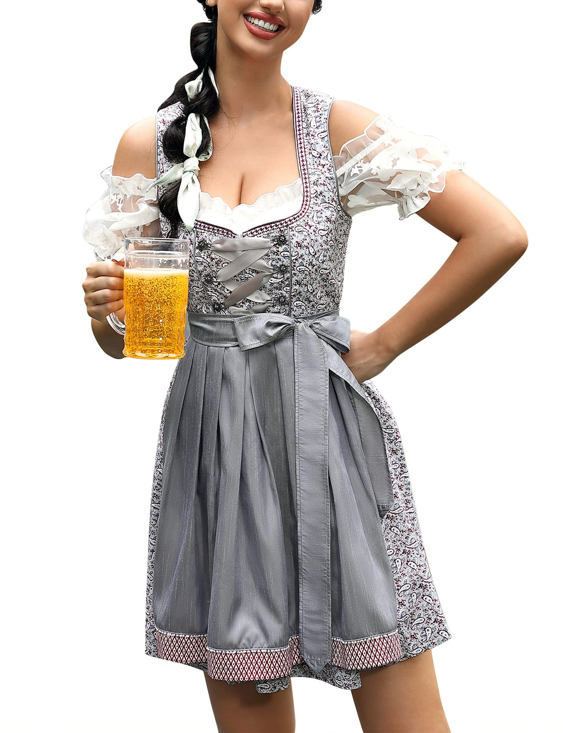 Garvee Dirndl corto midi da donna, abito tradizionale, set da tre pezzi per l'Oktoberfest, fiori di anacardi, taglia 36
