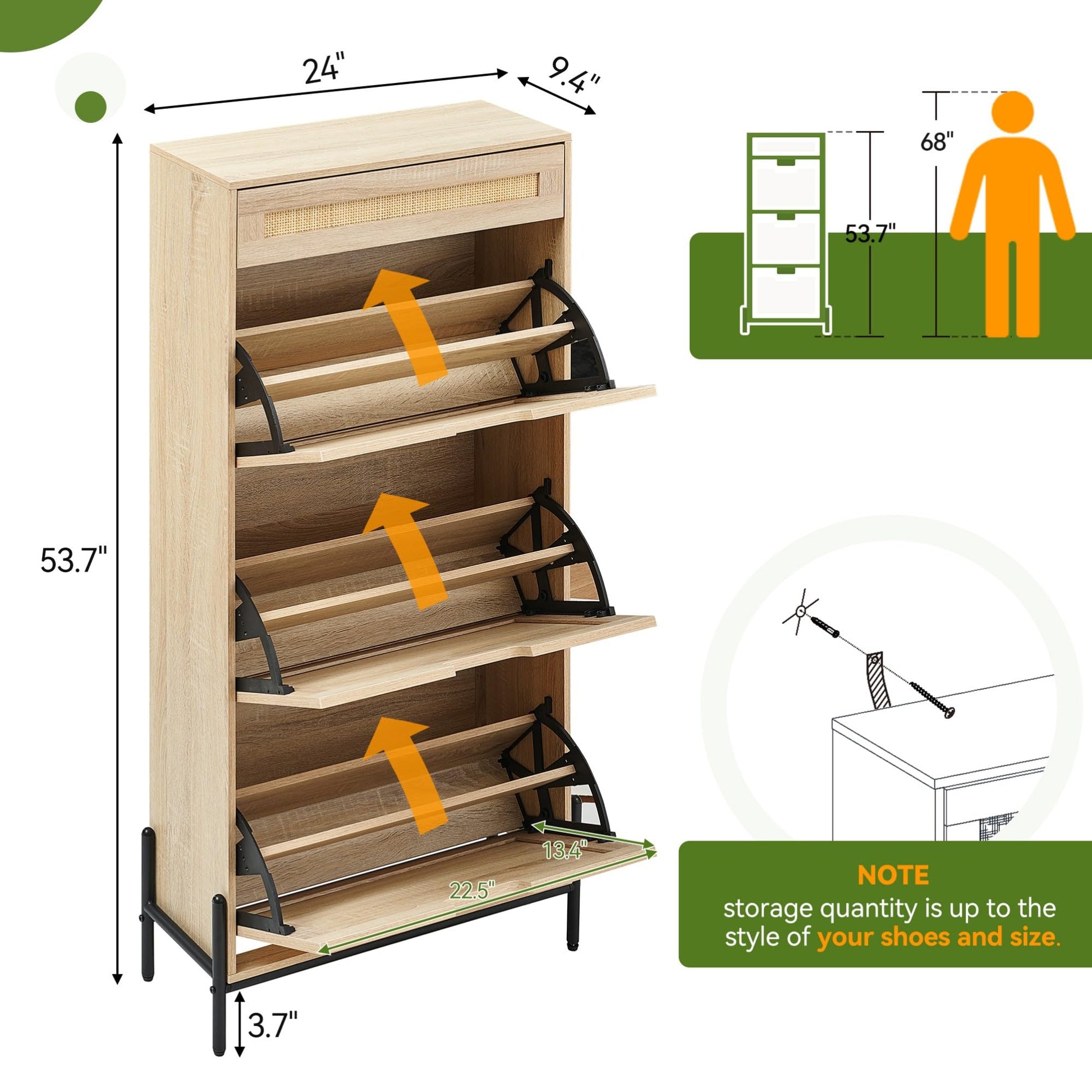 Scarpiera pieghevole Garvee con 3 cassetti e 1 cassetto, organizer per scarpe in rattan per corridoio e soggiorno, in rovere, salvaspazio