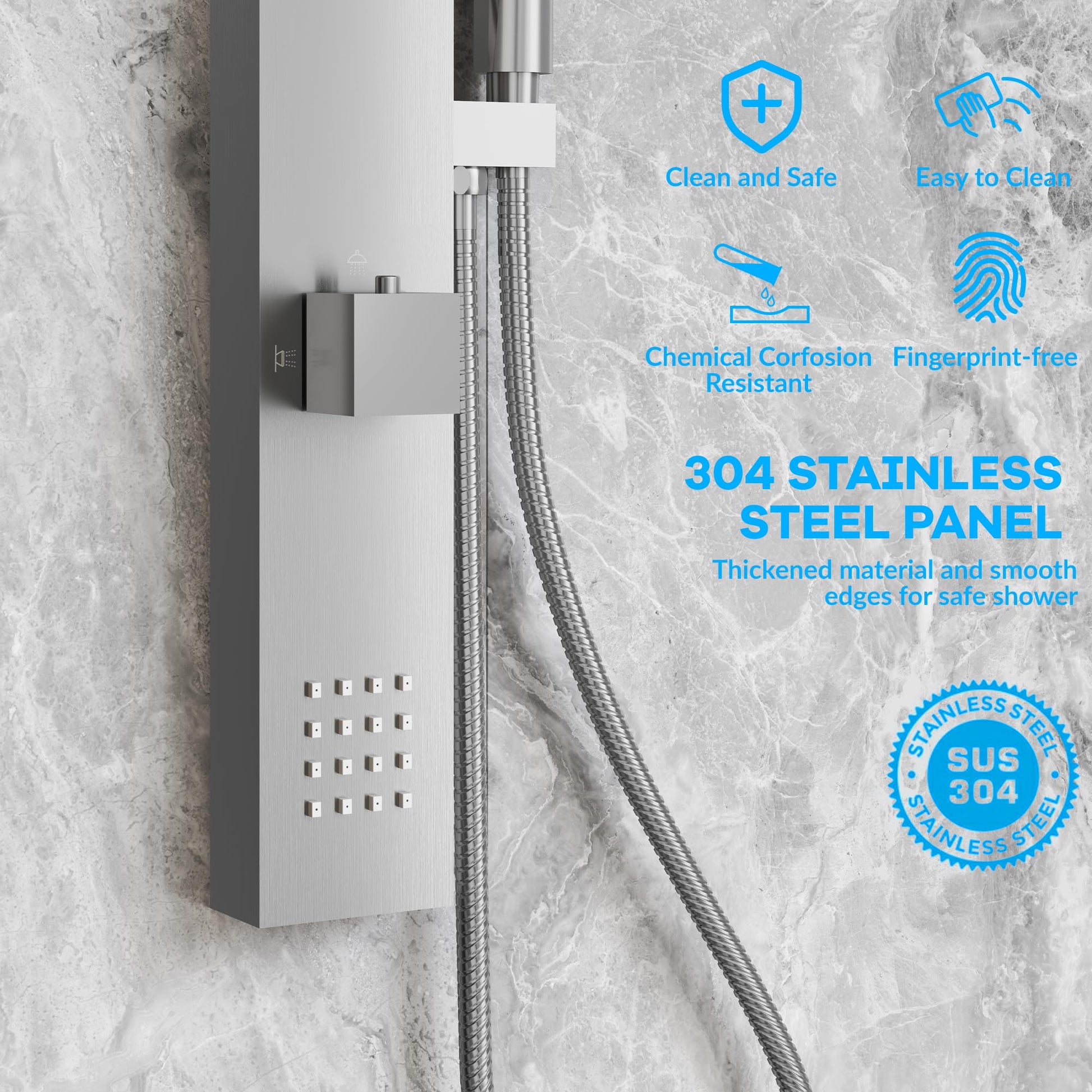 Sistema a torre con pannello doccia Garvee con pioggia e cascata, 2 getti laterali, doccetta a 3 funzioni, acciaio inossidabile, nichel spazzolato, montaggio a parete, bagno moderno