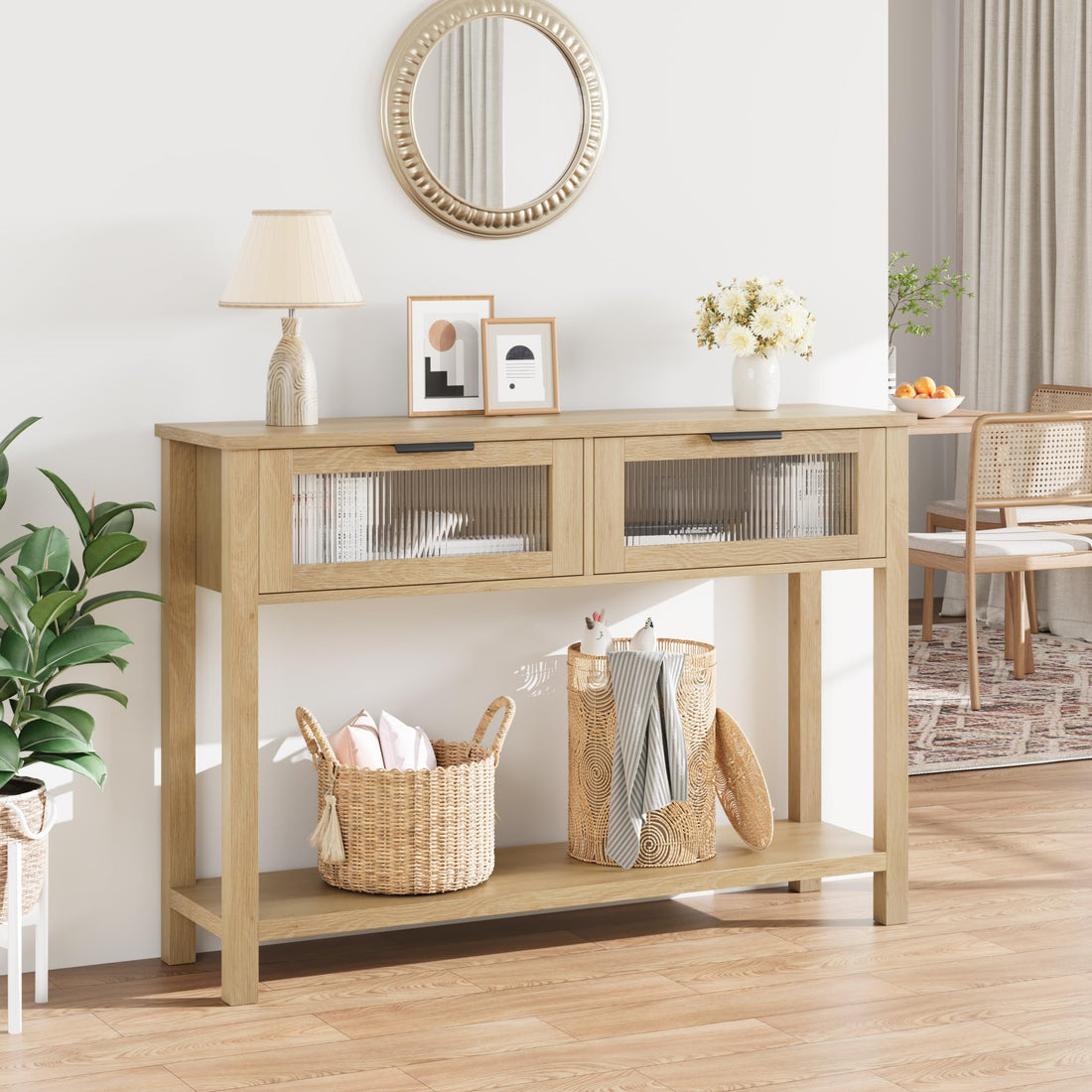 Tavolo consolle in legno Garvee con 2 cassetti in vetro, MDF robusto, stile country per corridoio e soggiorno, 43,3"x11,8"x31,4", Burlywood