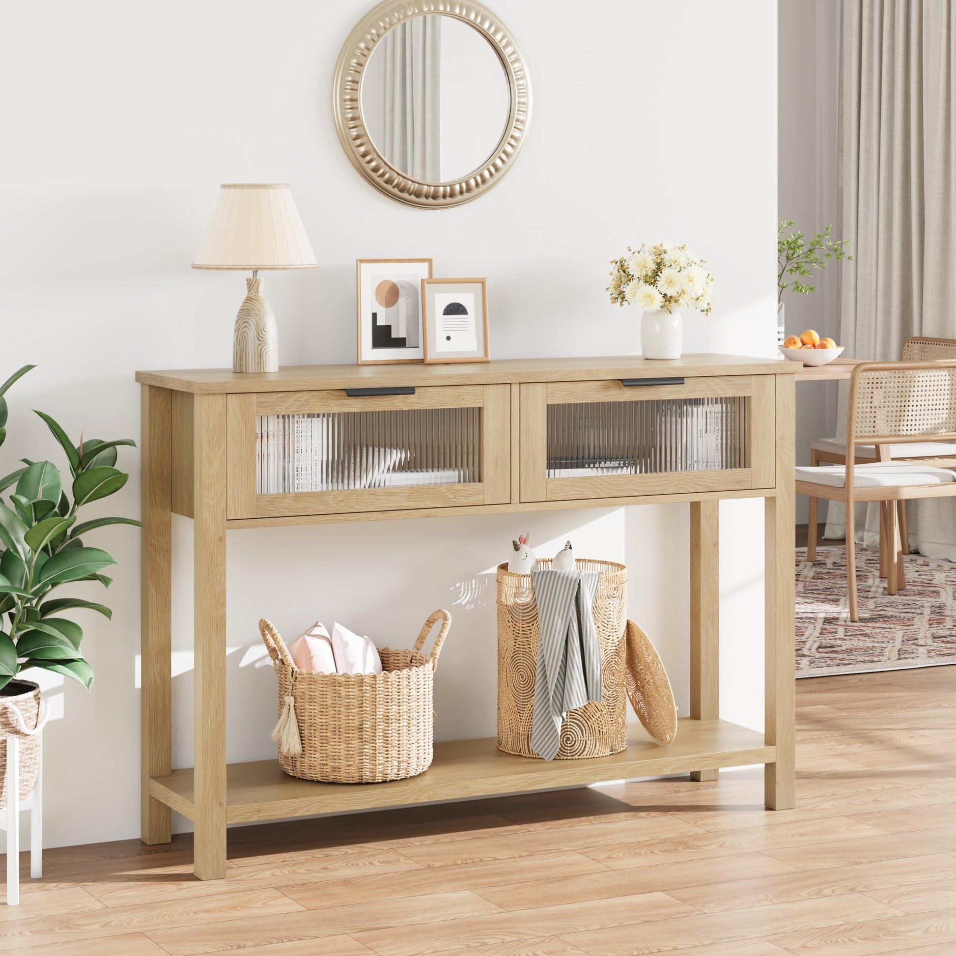 Tavolo consolle in legno Garvee con 2 cassetti in vetro, MDF robusto, stile country per corridoio e soggiorno, 43,3"x11,8"x31,4", Burlywood