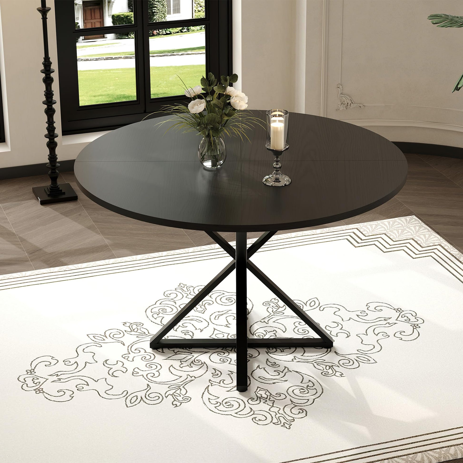 Tavolo da pranzo rotondo Garvee da 47 pollici con base in metallo per cucina e sala da pranzo, per 4-6 persone, piano in legno MDF, antigrafio, antiscivolo