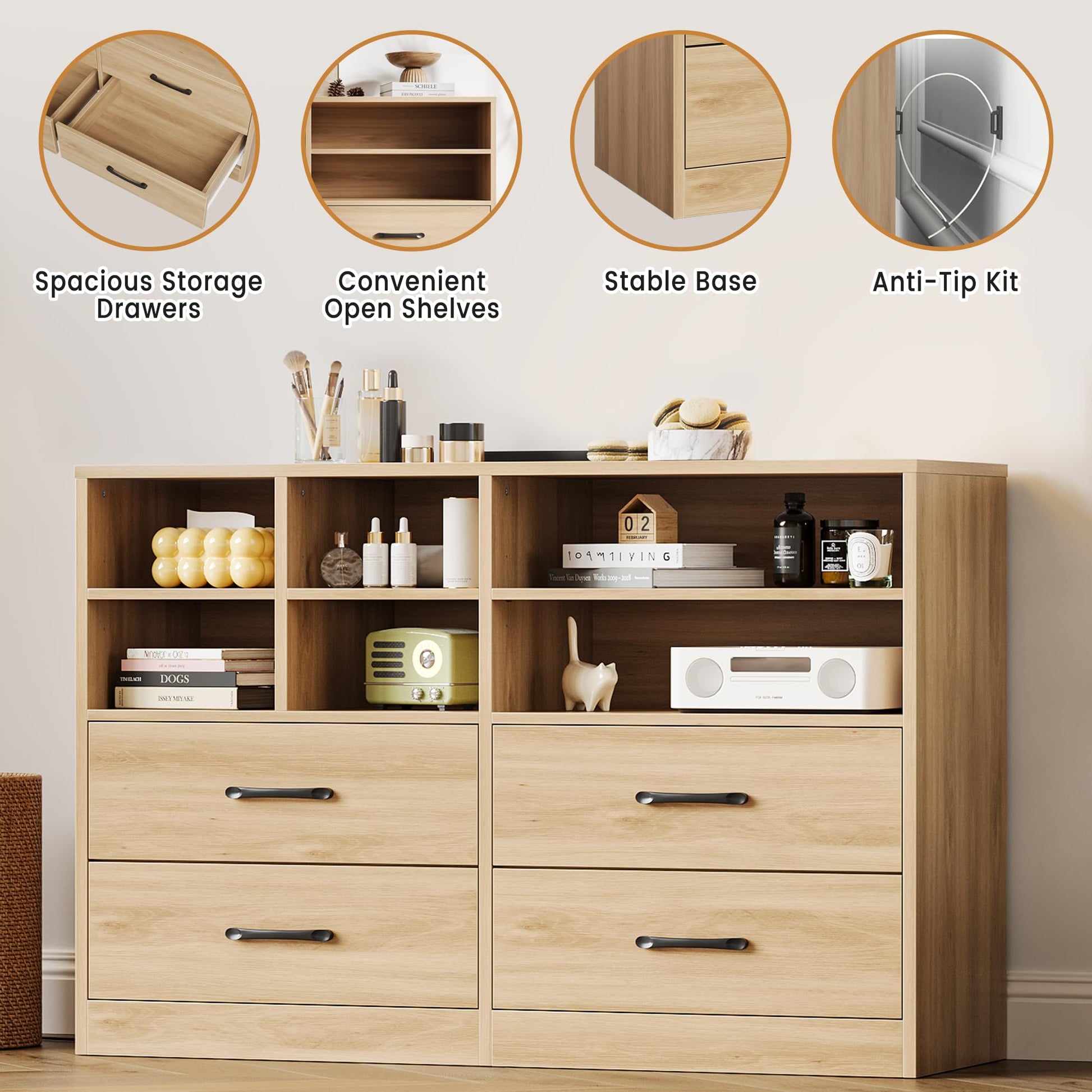 Cassettiera Garvee a 4 cassetti con 6 scomparti aperti, ripiani regolabili, legno MDF, mobile TV moderno per camera da letto e soggiorno, rovere, 47,24"L x 31,69"A