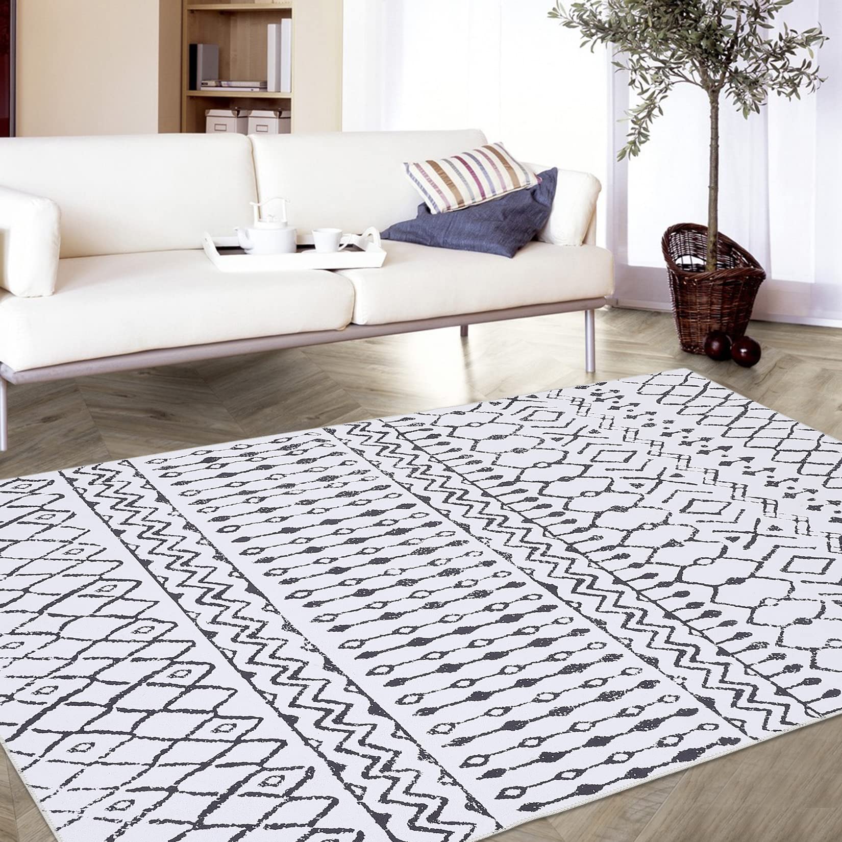 Tappeto Garvee Boho, tappeto moderno neutro per camera da letto, soggiorno, sala giochi, 120x170 cm, beige