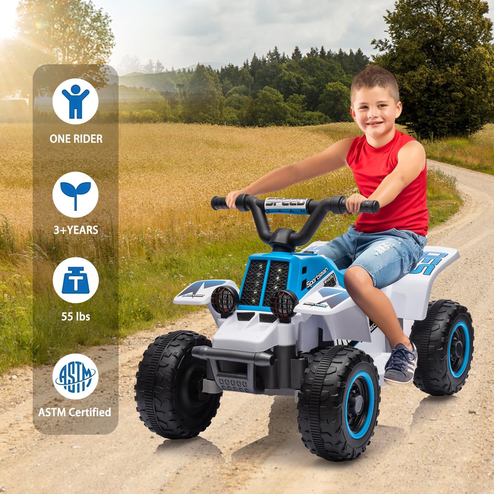 Quad elettrico per bambini Garvee 6V blu con musica a LED per una guida sicura a partire dai 3 anni, sia all'interno che all'esterno