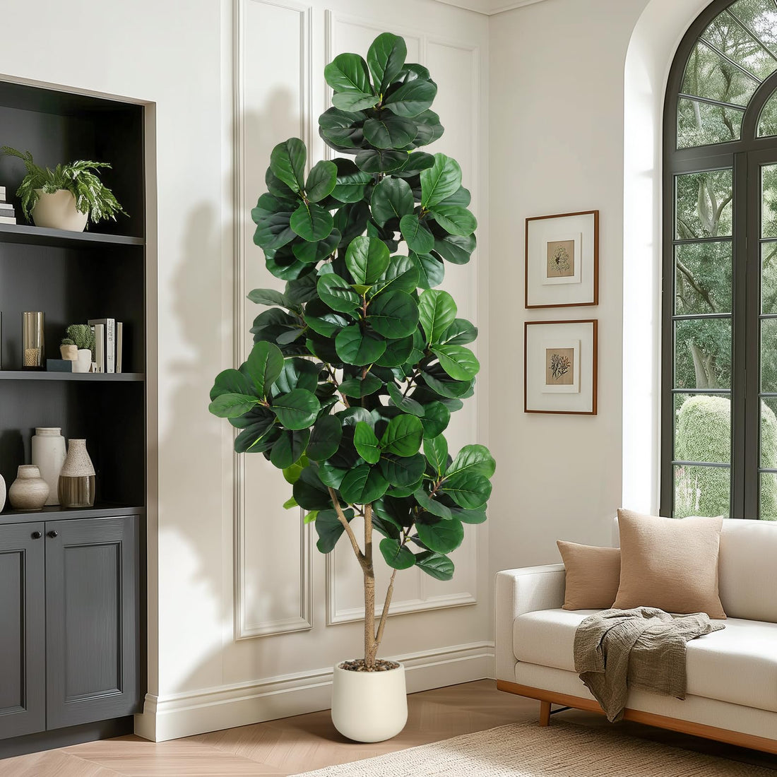Albero artificiale Garvee Ficus Lyrata da 2,1 m con 141 foglie, vaso bianco da 23 cm, decorazione per ufficio e soggiorno, foglie in PVC+PE, design stabile