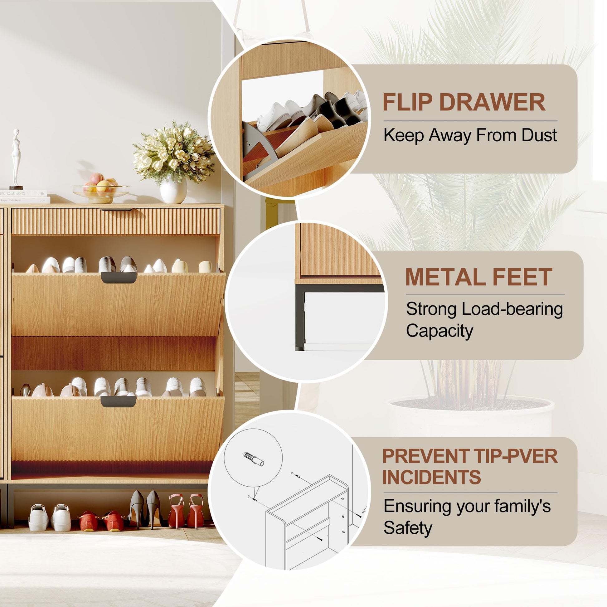 Scarpiera moderna Garvee con 3 cassetti a ribalta e 2 cassetti piccoli, ganci per corridoi stretti, appartamento, 31,5x9,45x52,36 pollici, legno fiammato