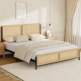 Garvee Letto Matrimoniale Boho con Testiera in Rattan Naturale, Struttura in Metallo Robusto, Facile Montaggio, Spazio Sotto Letto, Camera da Letto, 198.6x138.7x111 cm, Naturale