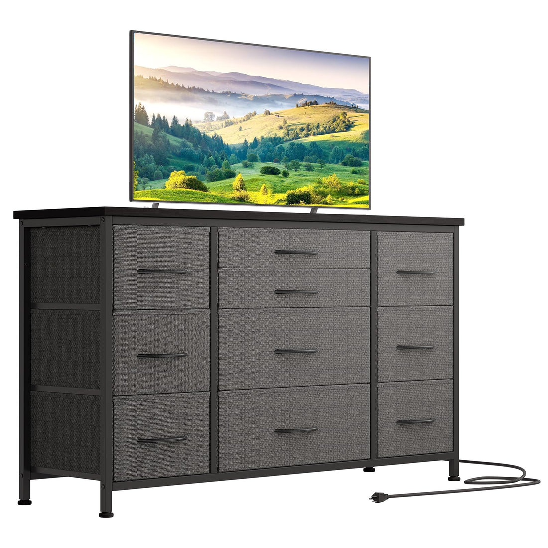 Cassettiera GARVEE con cassetti, credenza con 10 cassetti in tessuto e 3 prese di corrente, cassettiera per soggiorno, credenza per ingresso, mobile contenitore con rivestimento in tessuto, robusta struttura in metallo, piano in legno