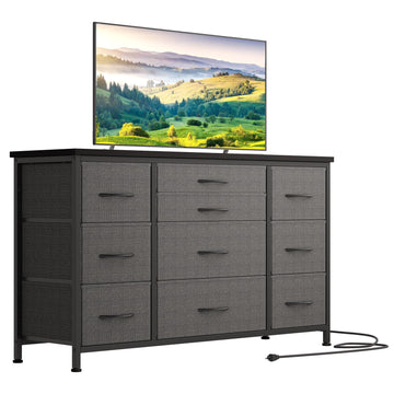 Cassettiera GARVEE con cassetti, credenza con 10 cassetti in tessuto e 3 prese di corrente, cassettiera per soggiorno, credenza per ingresso, mobile contenitore con rivestimento in tessuto, robusta struttura in metallo, piano in legno