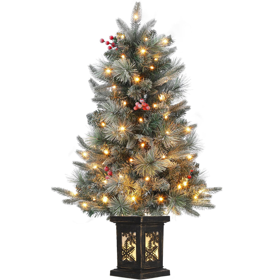 Albero di Natale artificiale Garvee, 1 pezzo – 3 piedi, 78 LED (bianco caldo), 8 modalità di luce, base a fiocco di neve, fibra ottica, effetto gelo