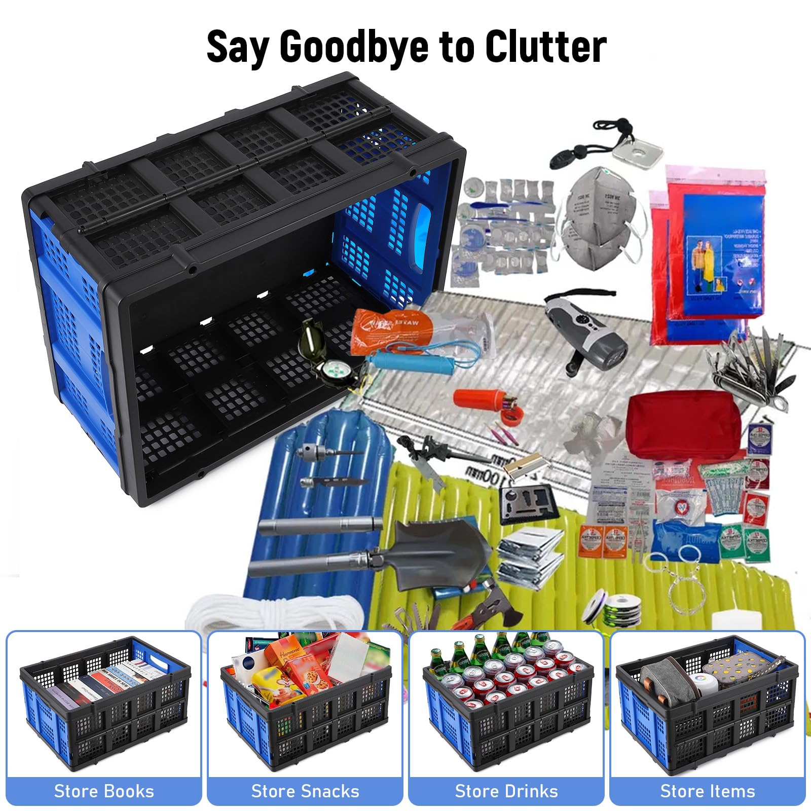 Garvee Robusta Scatola Pieghevole Professionale con Maniglie Touch, 55L, 40x56x26cm, Blu - Pieghevole, Impilabile, Ecologica