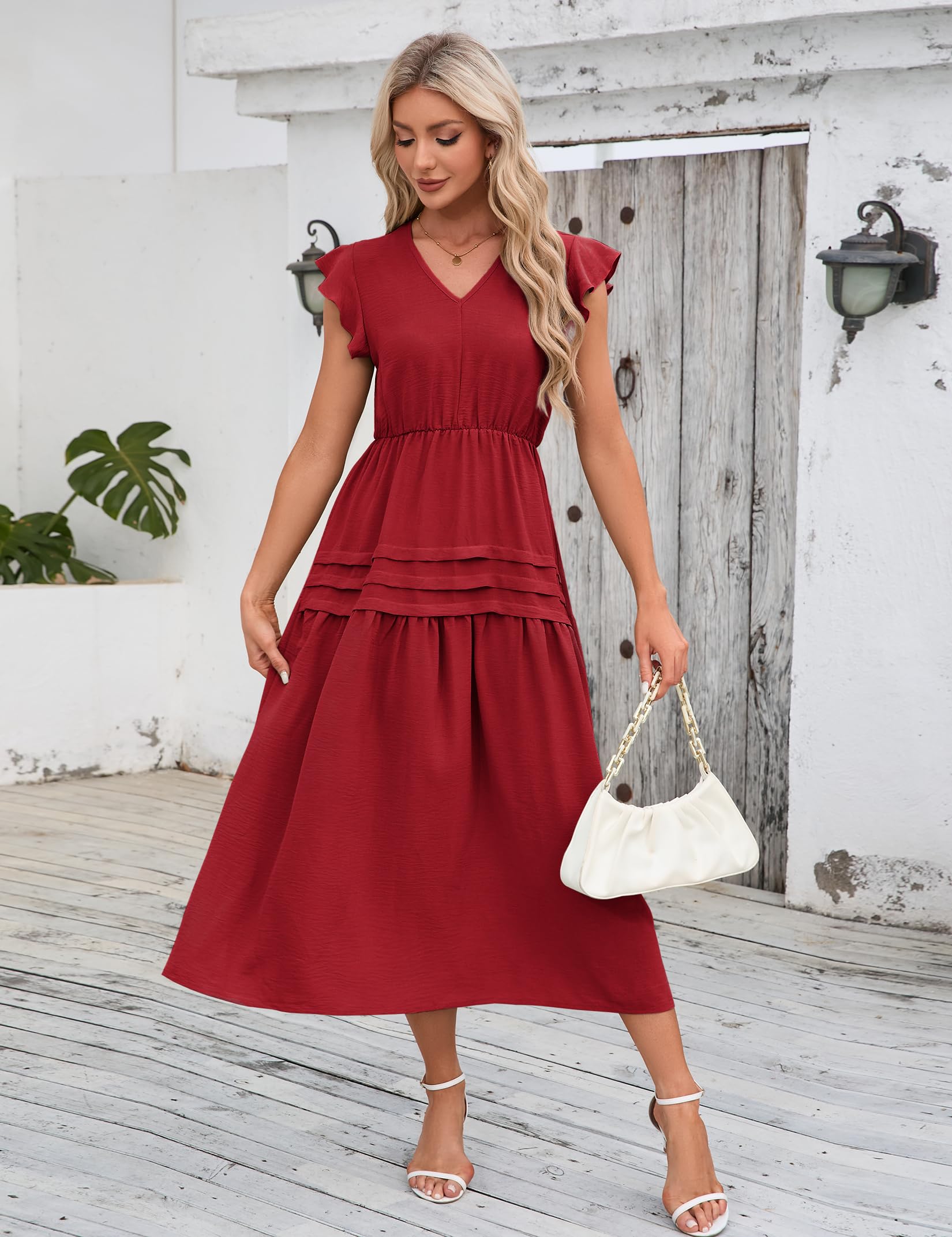 Abito estivo retrò alla moda da donna Garvee con maniche fluenti, elegante, rosso vino, taglia M