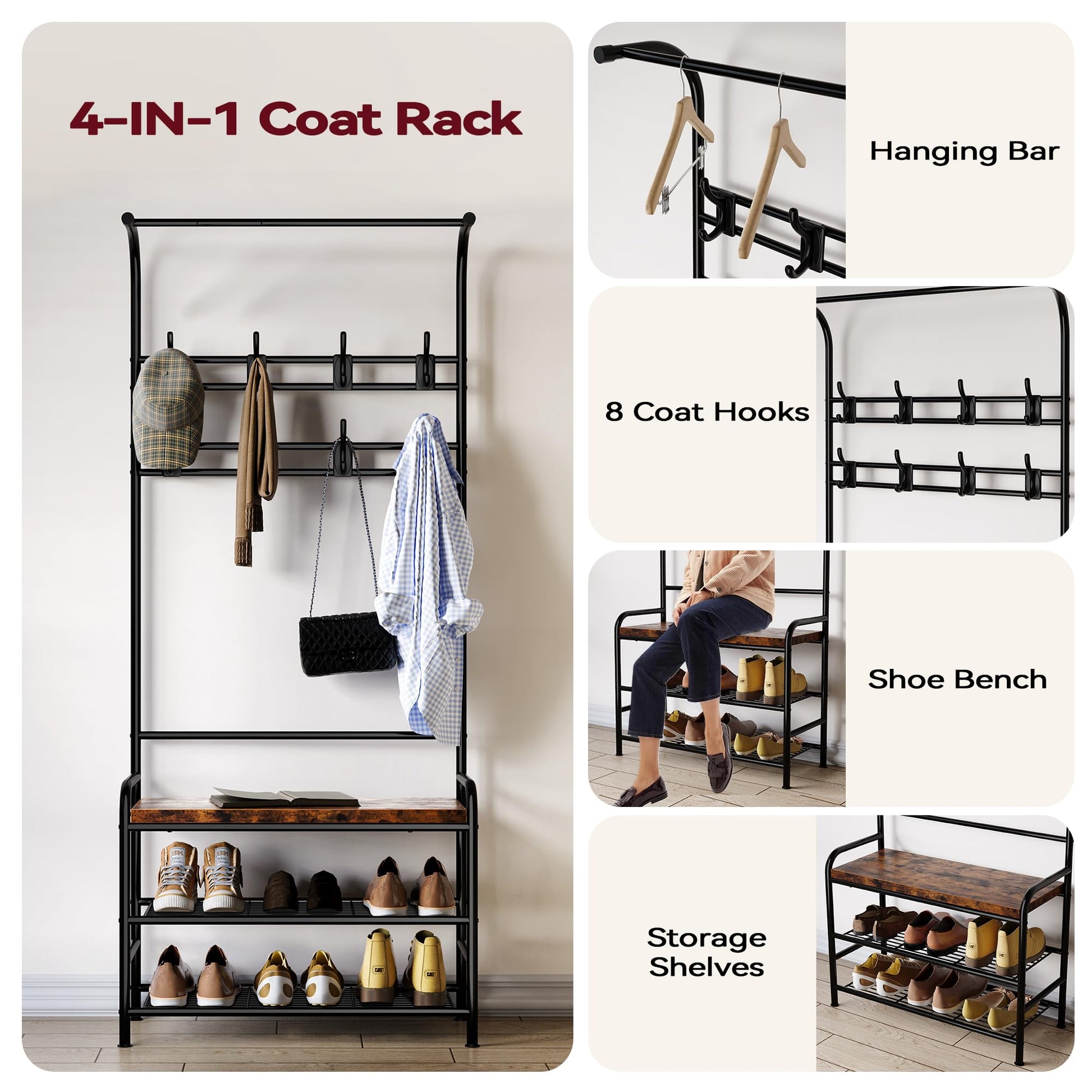 Panca portascarpe Garvee Hall Tree con 8 ganci, guardaroba 4 in 1, robusta per corridoio e camera da letto, 23,57" L x 11,77" W x 70,77" H