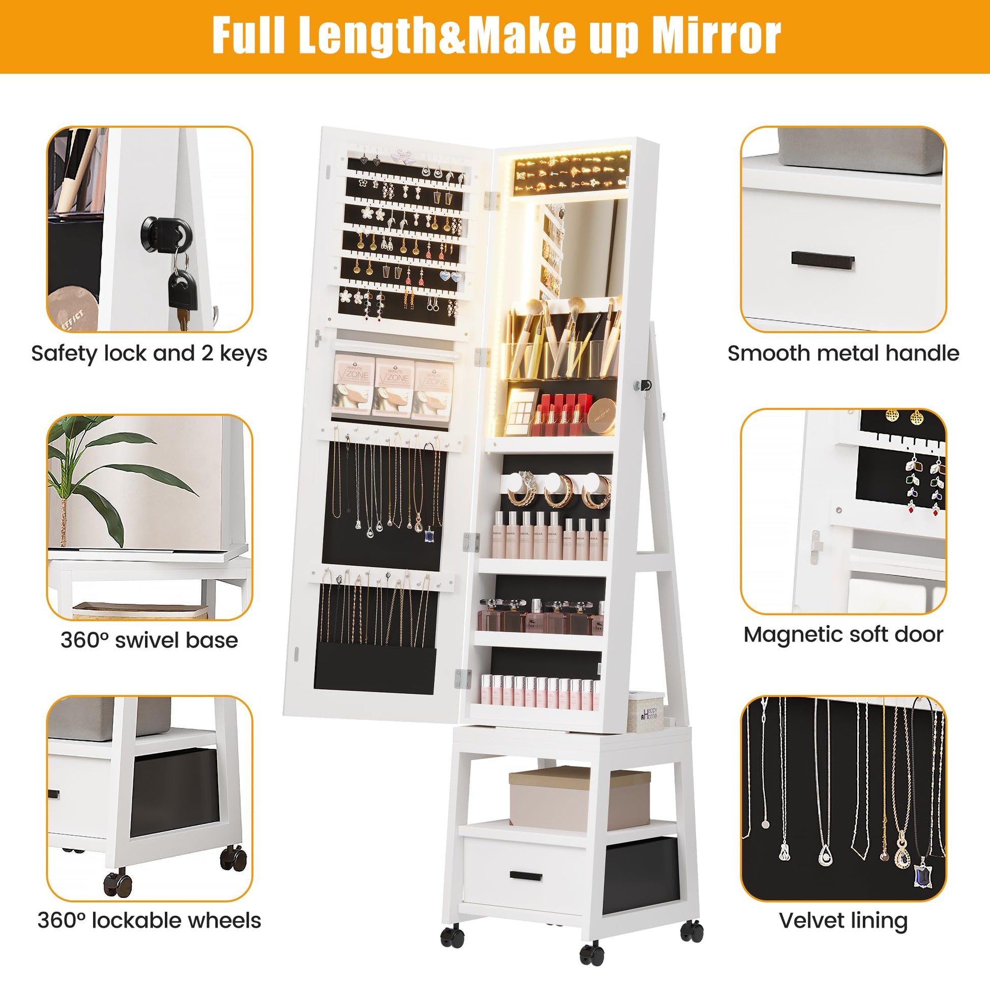 Mobiletto portagioie girevole a 360° Garvee con luci a LED, specchio per il trucco, specchio intero, rivestimento in velluto, bloccabile, con ruote, bianco - Ideale per camere da letto