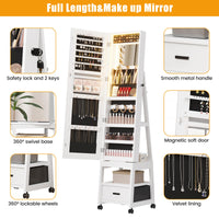 Mobiletto portagioie girevole a 360° Garvee con luci a LED, specchio per il trucco, specchio intero, rivestimento in velluto, bloccabile, con ruote, bianco - Ideale per camere da letto