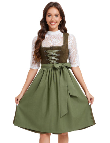 Garvee - Set completo di 3 pezzi di Dirndl midi da donna, abbigliamento tradizionale per l'Oktoberfest, verde militare, taglie 34-52