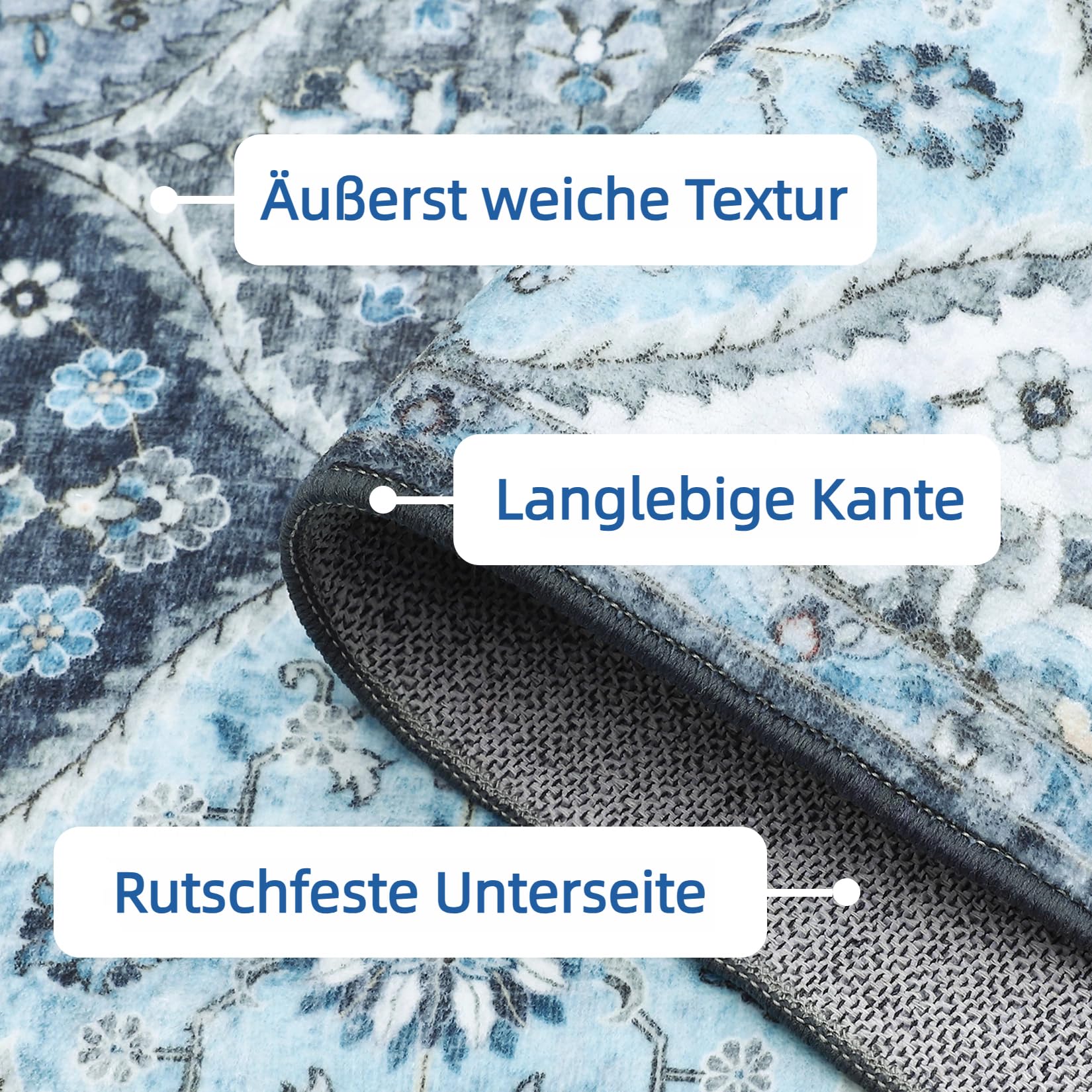Garvee Tappeto piccolo 80 x 150 cm Tappeto vintage per ingresso, camera da letto, cucina, grigio e blu