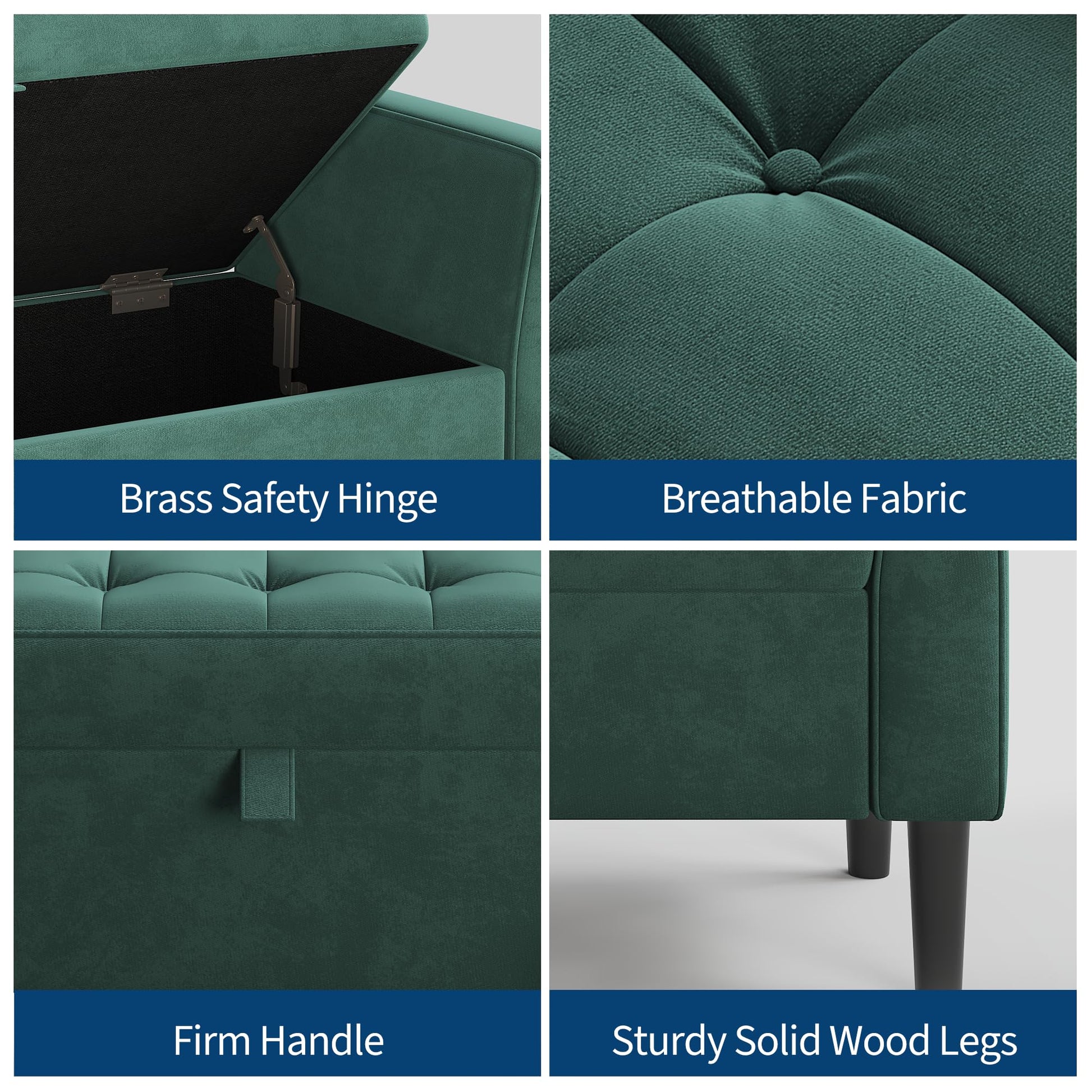 Panca ottomana Garvee con contenitore, imbottita, braccioli girevoli, verde, 46,5" per soggiorno e corridoio, struttura robusta