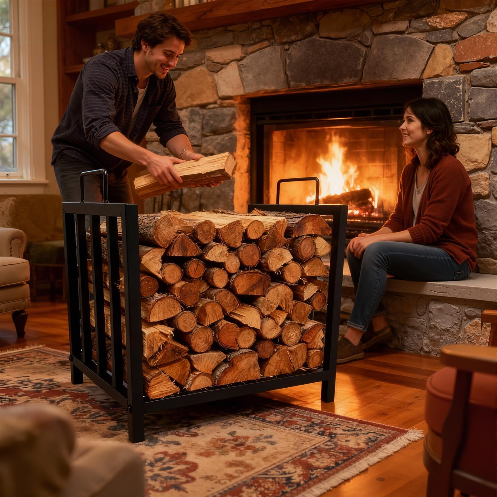Portalegna in metallo Garvee, nero, portatile con maniglie per camino, braciere, stufa a legna, 17,5x11,8x15,7