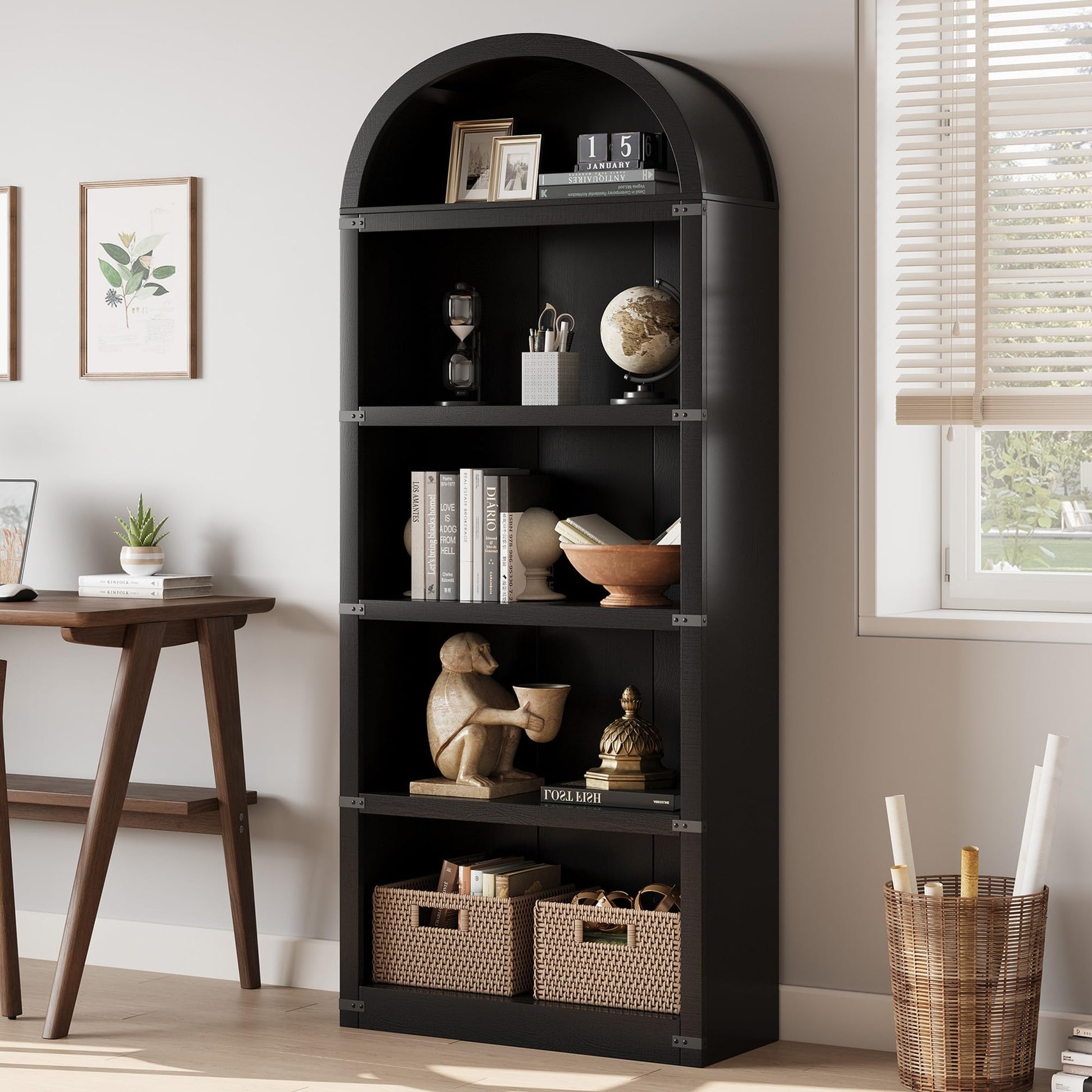 Libreria Garvee con 5 ripiani, stile fattoria ad arco, in legno con angoli in metallo, per soggiorno/ufficio, 71,65x29,92x11,88 pollici, legno naturale