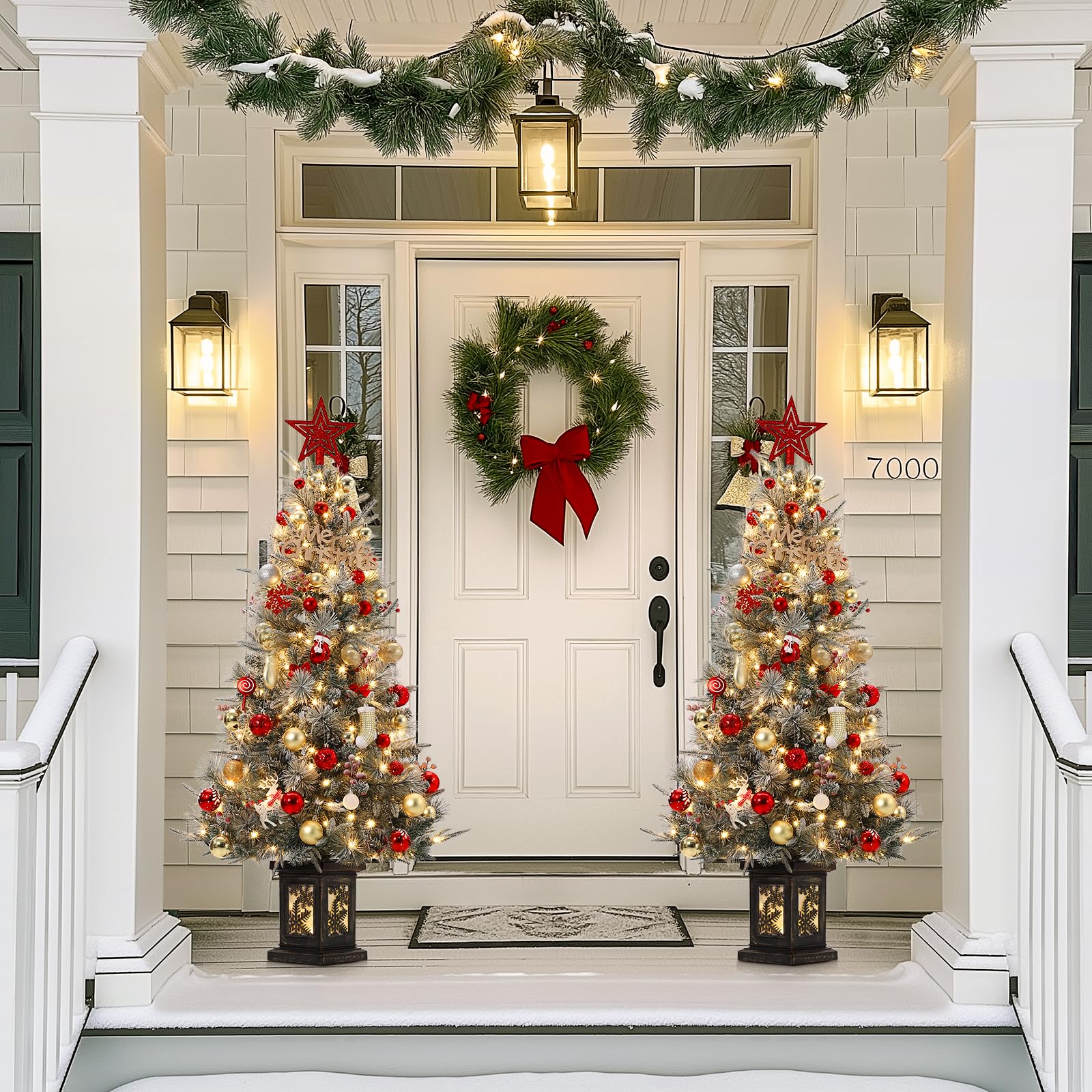 Albero di Natale vintage Garvee da 145 cm con struttura in metallo, 200 LED, 8 modalità, effetto cedro satinato, 4 bacche rosse e scatola luminosa con fiocchi di neve