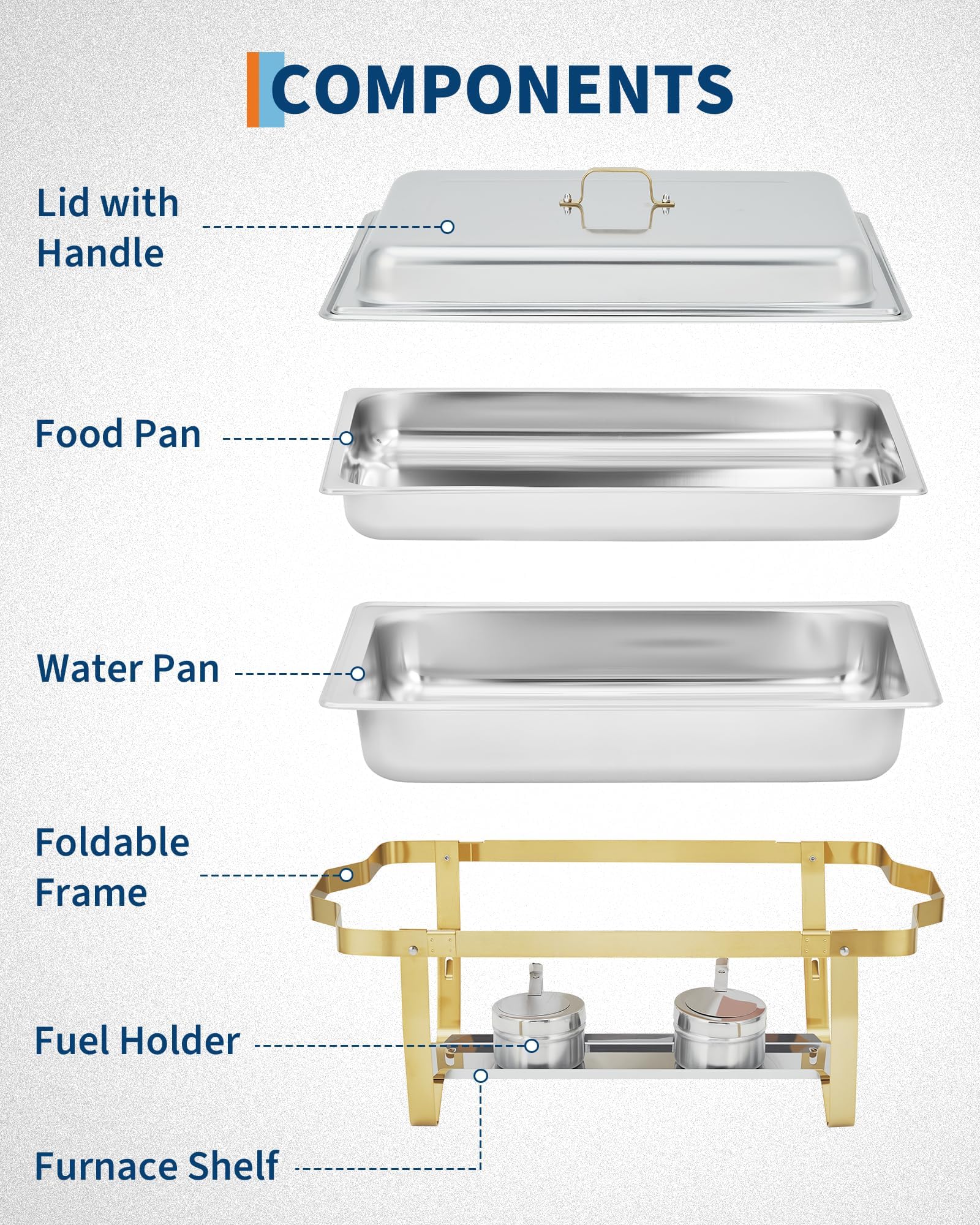 Garvee Chafing Dish Buffet Set da 6, 8QT, Acciaio Inox, Doppia Temperatura, Telaio Pieghevole, Oro, per Feste e Catering