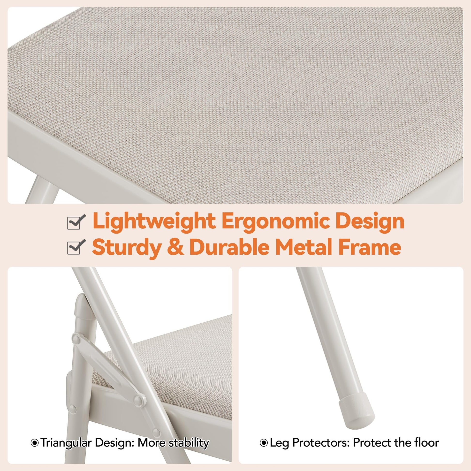 Garvee Set di 4 sedie pieghevoli con cuscini, fodere in lino, robuste strutture in metallo per ufficio ed eventi, beige, pieghevoli, ergonomiche