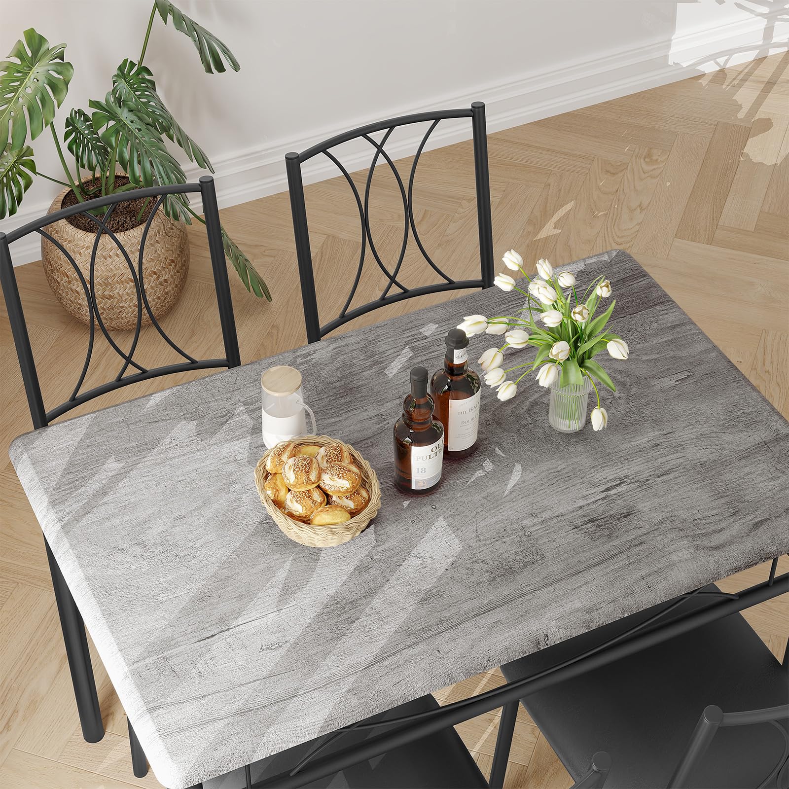 Set da pranzo Garvee per 4 persone con sedie imbottite, legno, design retrò, pannello MDF, struttura in metallo, salvaspazio, piccoli appartamenti, nero rustico