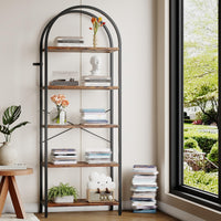 Libreria Garvee a 5 ripiani con struttura in metallo arcuato, moderno scaffale in legno, ampio spazio di archiviazione per soggiorno e ufficio