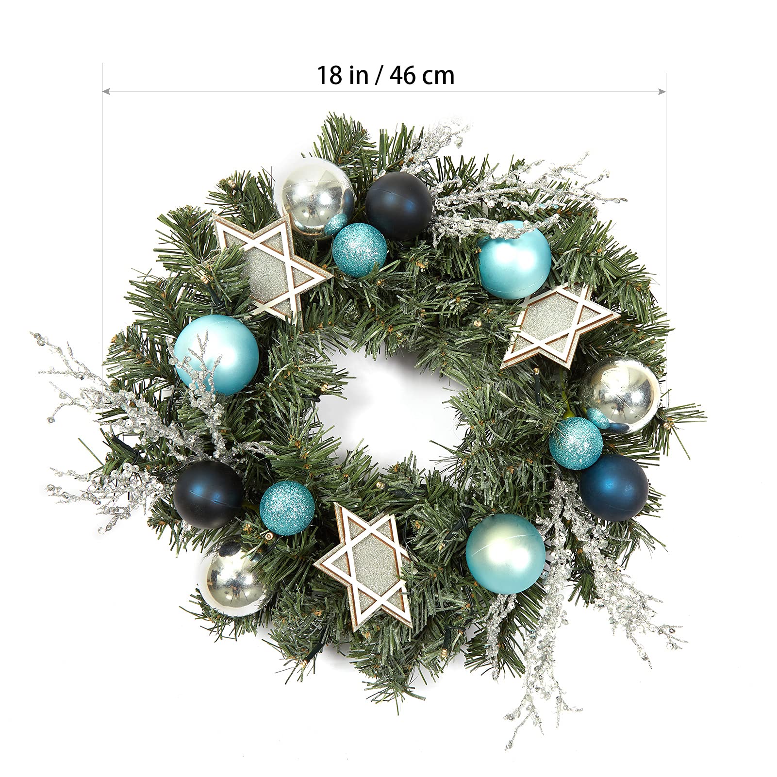 Ghirlanda natalizia Garvee da 18 pollici con 15 luci LED, PVC verde da 45 cm, stella bianca a sei punte, palline di Natale blu, anello di metallo per porta, parete, camino