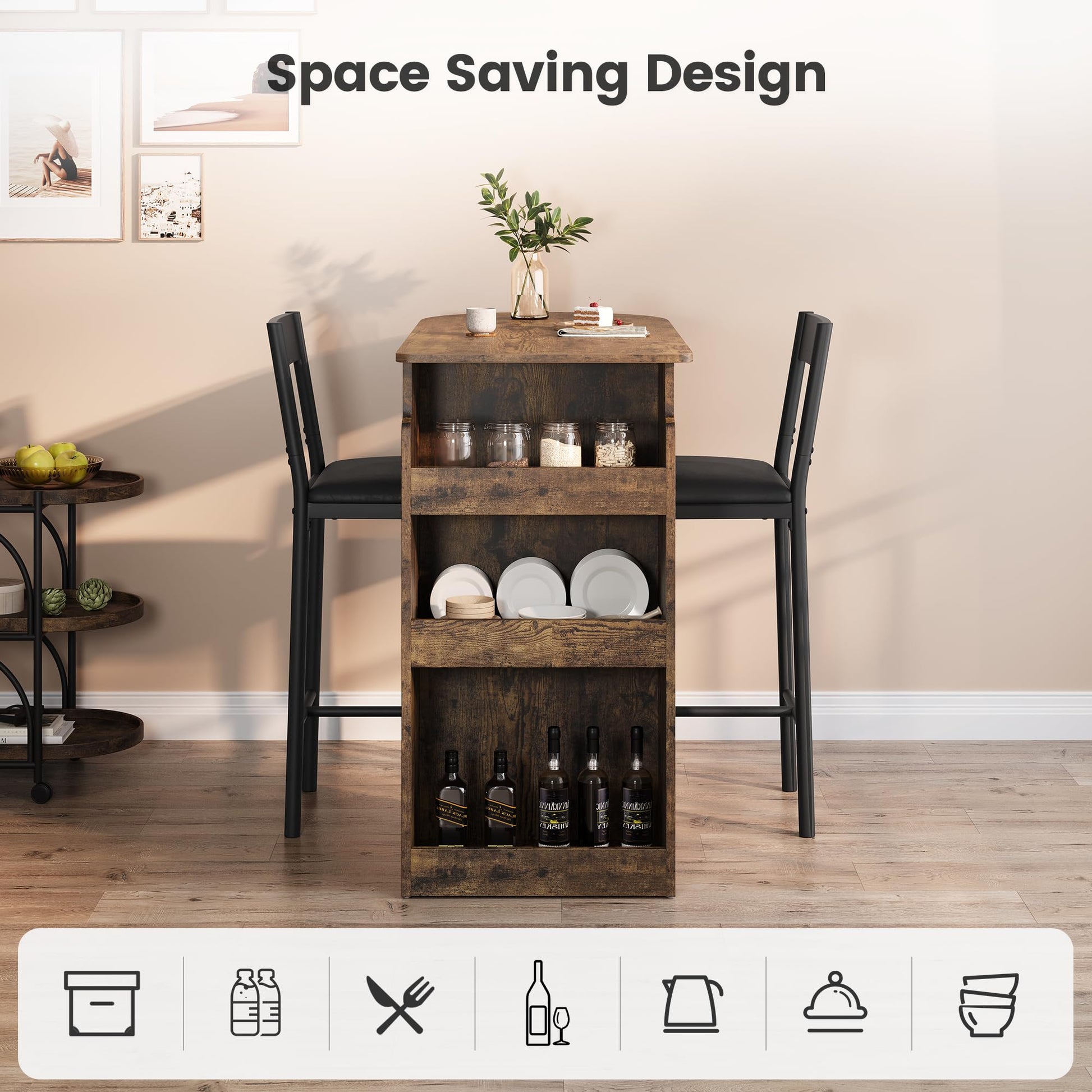 Set tavolo e sedie da bar Garvee con piano semicircolare in stile retrò, ripiano a 3 livelli, sgabelli rivestiti in pelle per cucina e ufficio, compatto, moderno