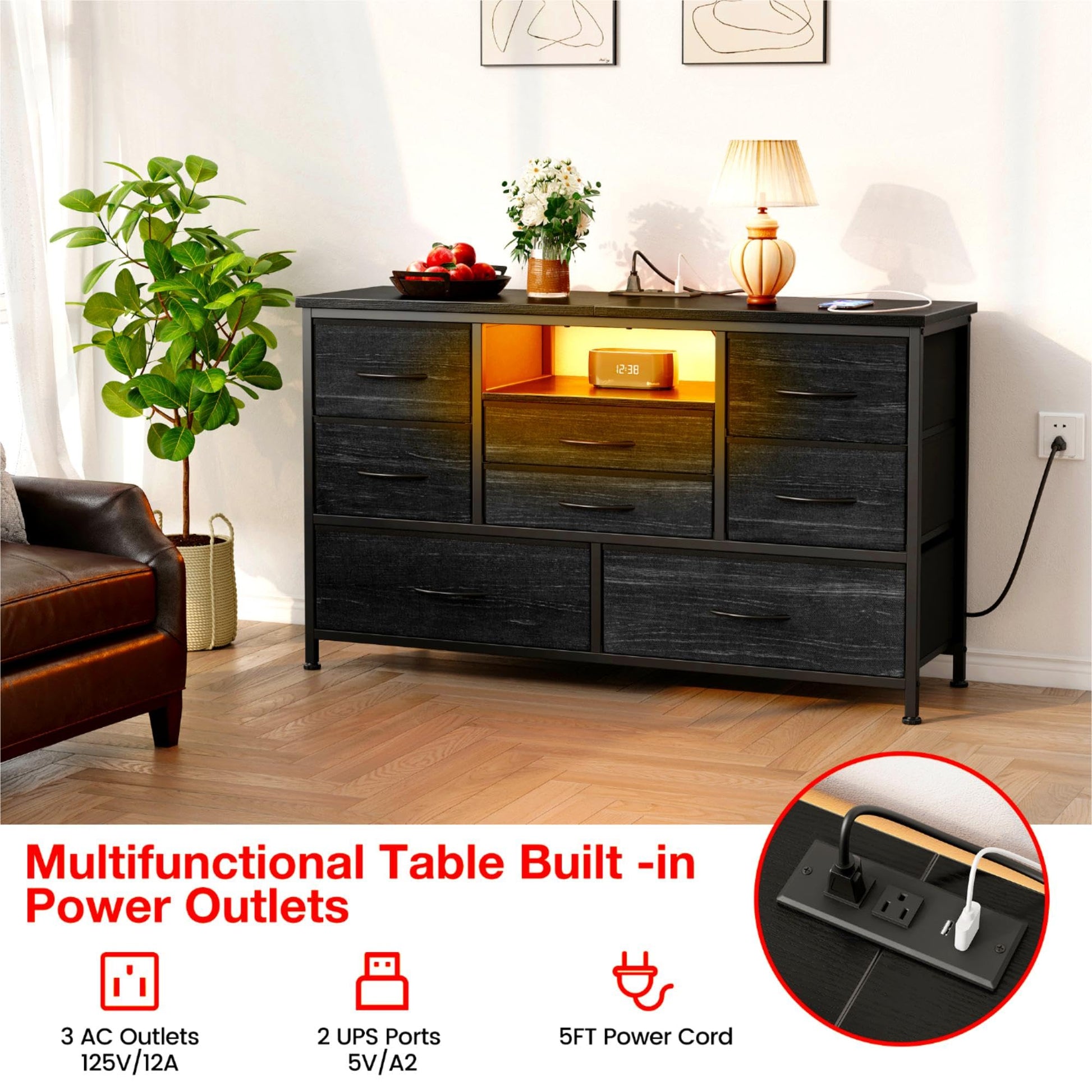 Mobile TV Garvee a 8 cassetti con illuminazione a LED e presa di corrente per soggiorno e camera da letto, legno MDF, luce RGB, ampio spazio di archiviazione, gestione dei cavi, bianco