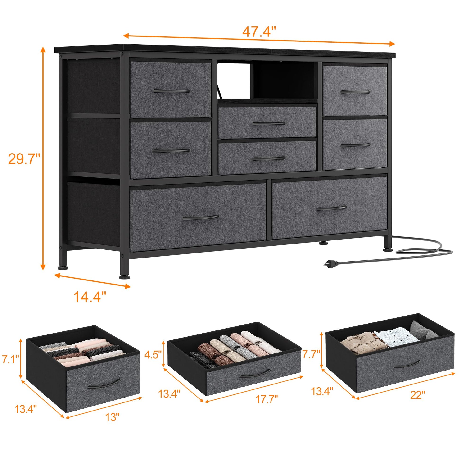 Cassettiera in tessuto Garvee con 8 cassetti, porta TV con prese LED per camera da letto, soggiorno, TV da 55'' in MDF beige