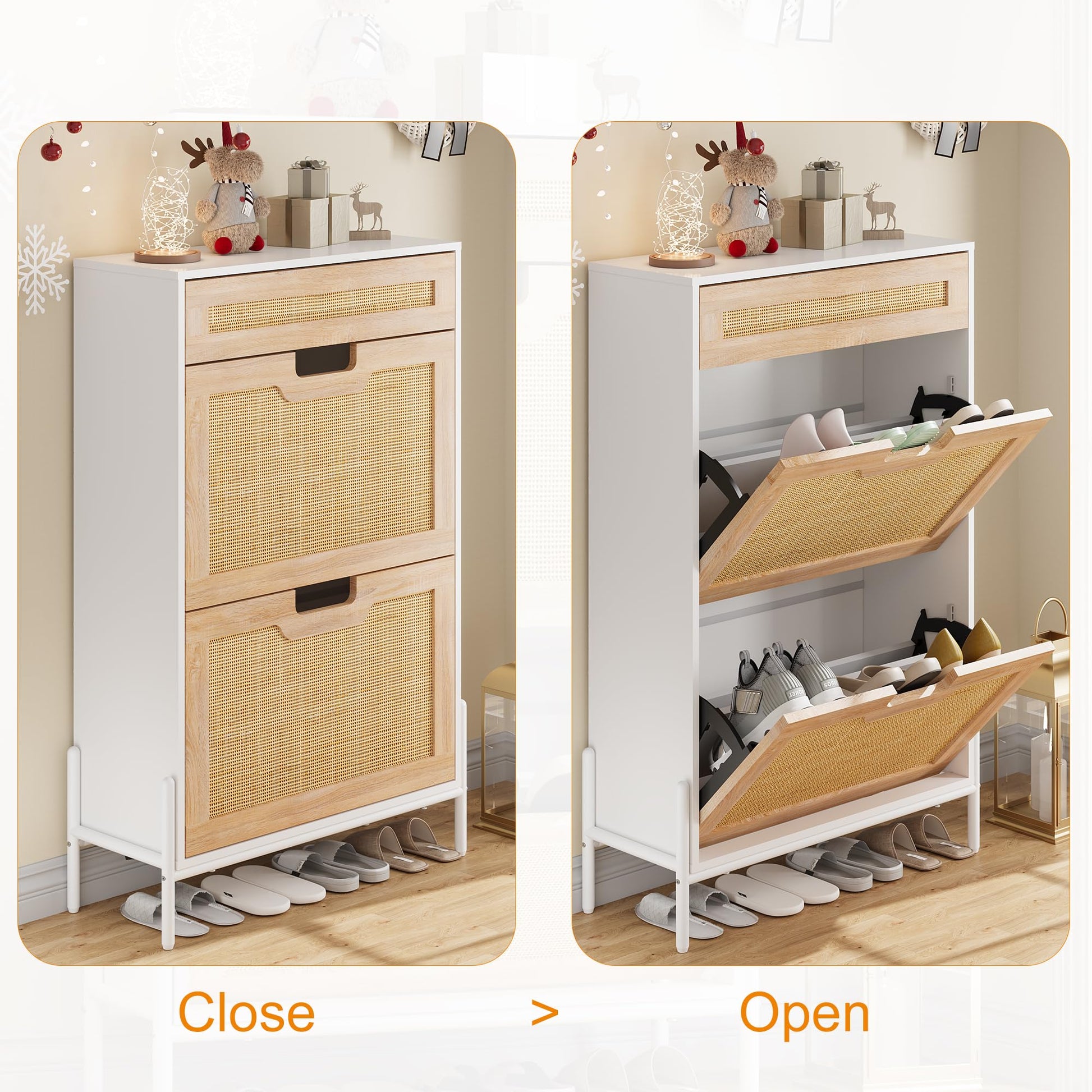 Scarpiera in rattan naturale Garvee con 2 ante a ribalta, cassetto, ripiani regolabili, bianco e rovere per corridoio e ingresso