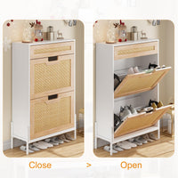 Scarpiera in rattan naturale Garvee con 2 ante a ribalta, cassetto, ripiani regolabili, bianco e rovere per corridoio e ingresso