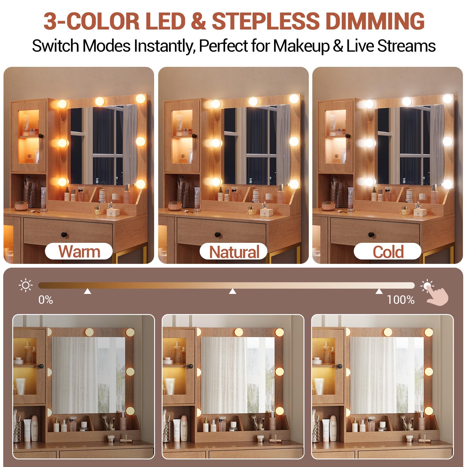 Tavolo da toeletta Garvee con specchio e illuminazione, MDF robusto, luci dimmerabili, porte USB, camera da letto, bianco