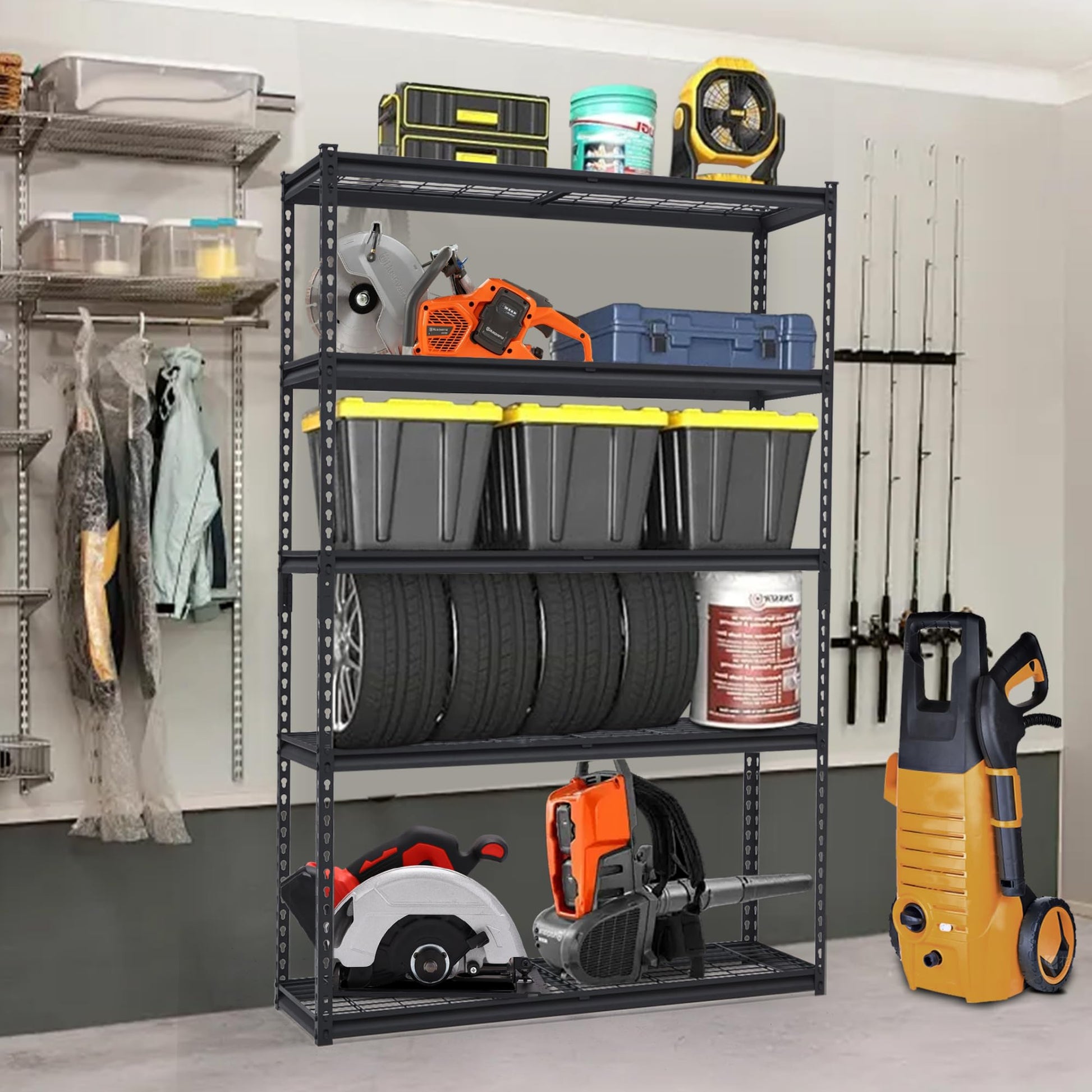 Sistema di scaffalature per garage Garvee Heavy Duty, ripiani in metallo regolabili per officina, cantina, garage, 48x18x72 pollici, nero