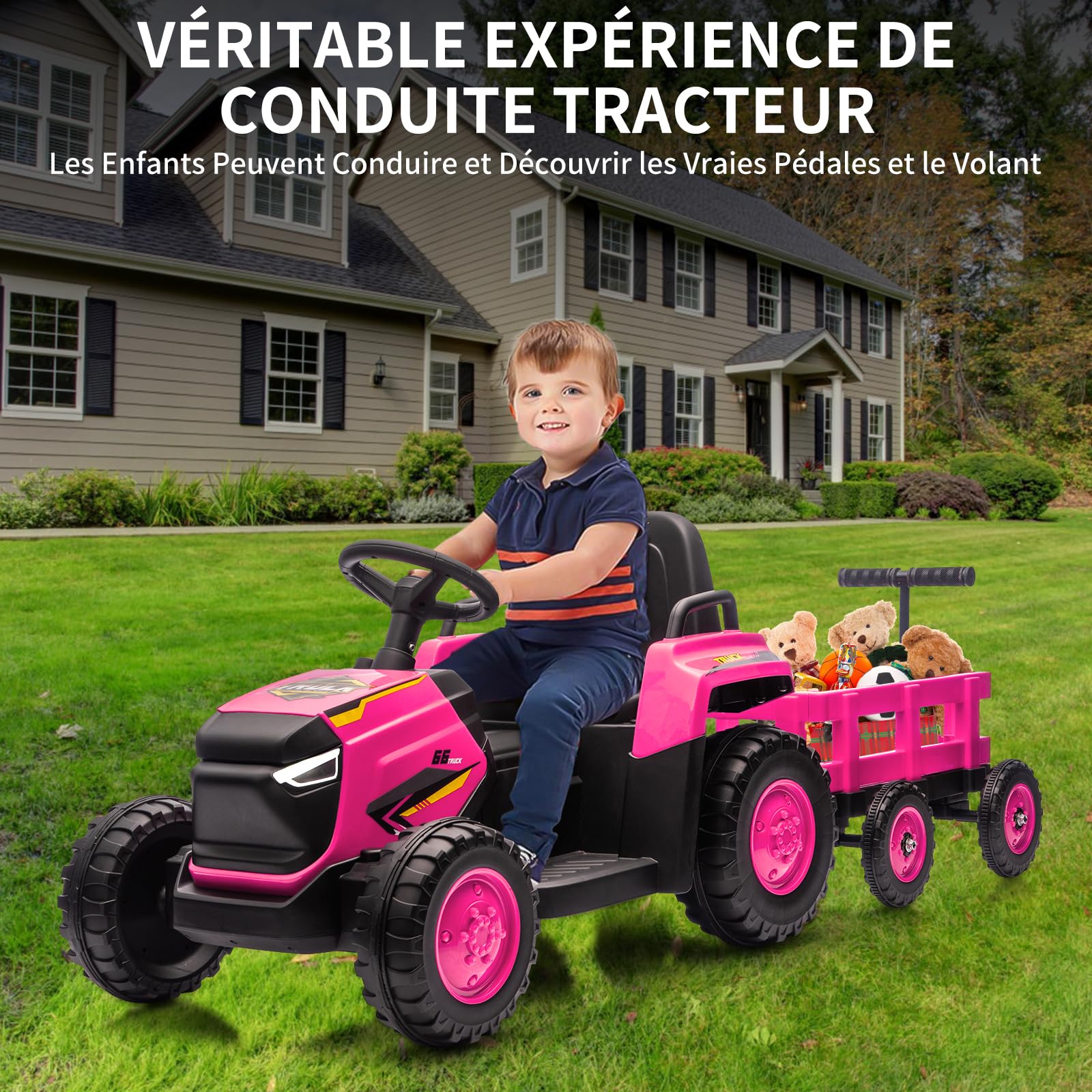 Trattore per bambini Garvee Kids Tractor 12V Twin Motor – Rosa moderno con doppio motore, telecomando per genitori e musica per bambine dai 3 anni in su, da usare nel parco giochi o in giardino.