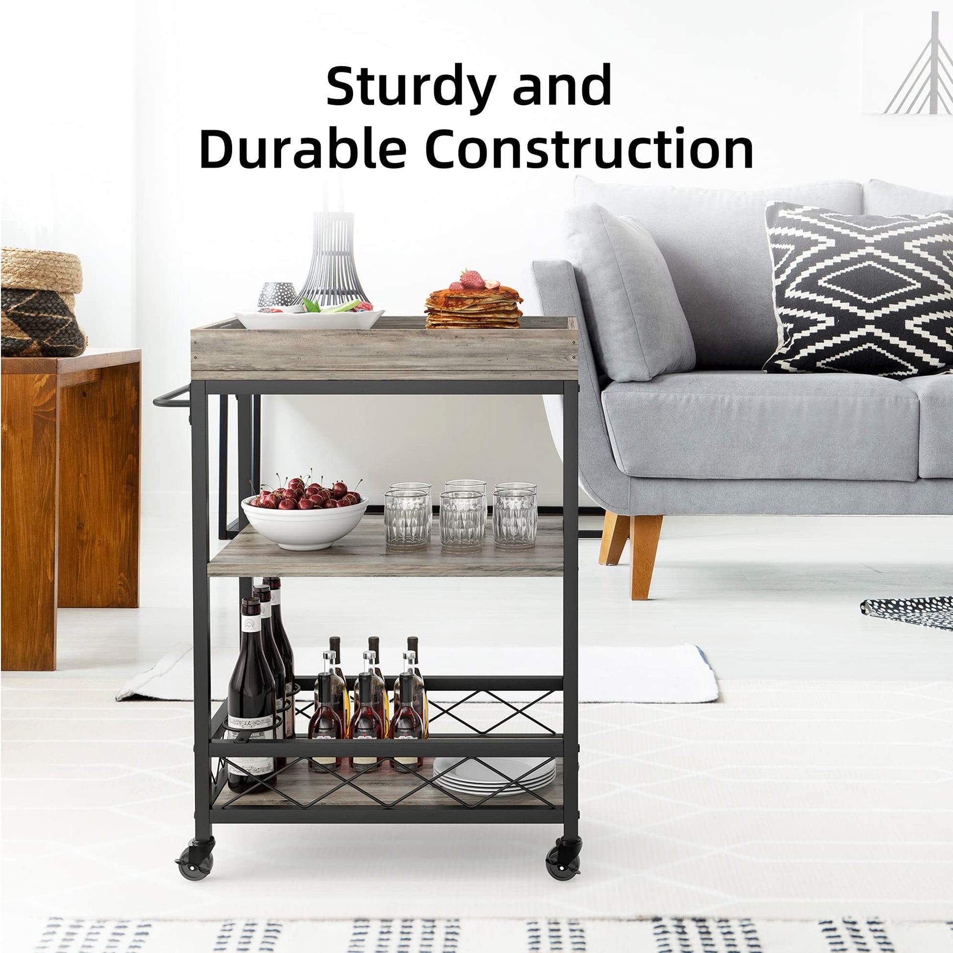 Carrello bar Garvee con 3 ripiani e portabottiglie, ruote con freni, vassoio rimovibile, metallo grigio, versatile per casa e feste