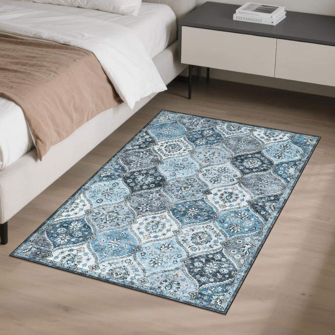 Garvee Tappeto piccolo 80 x 150 cm Tappeto vintage per ingresso, camera da letto, cucina, grigio e blu