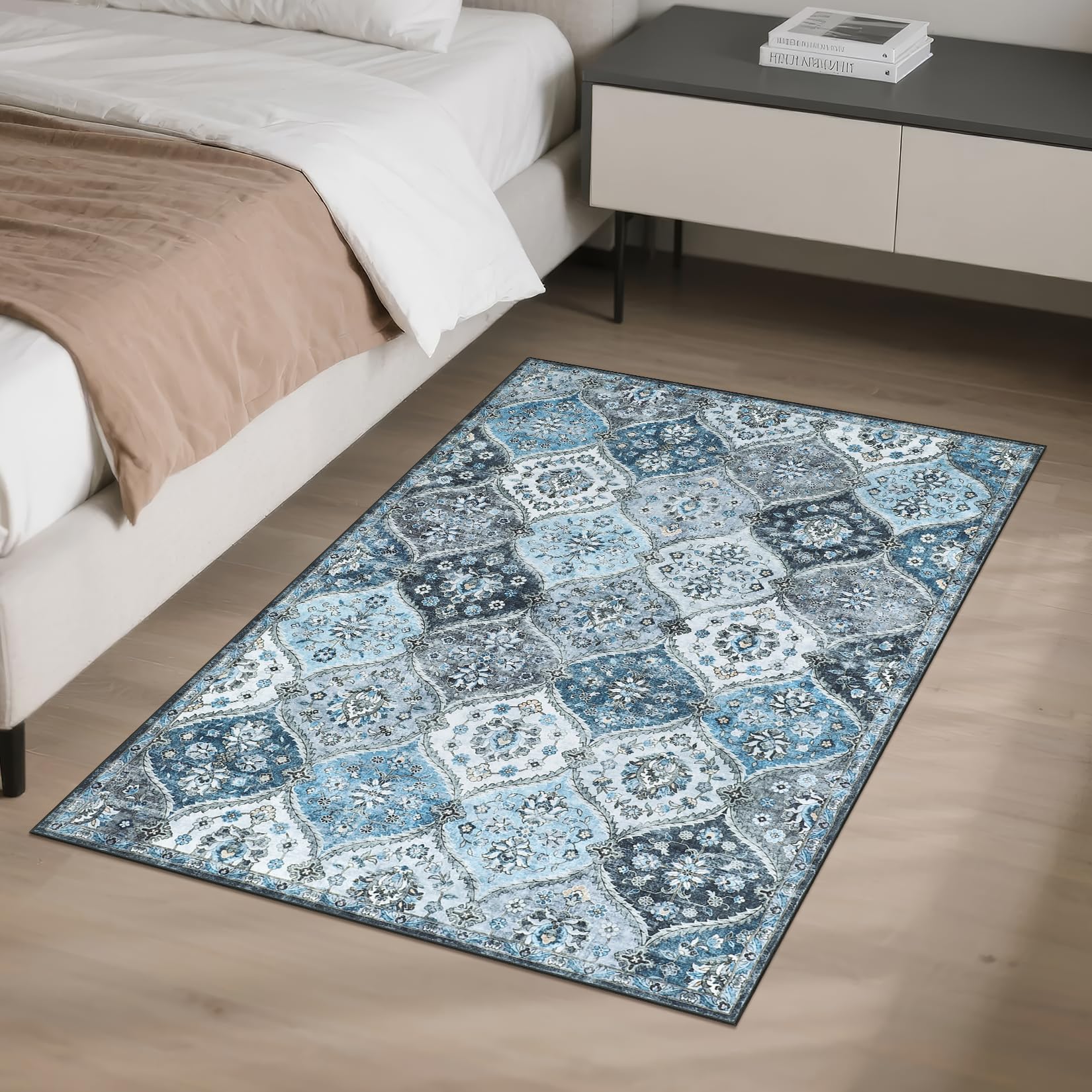 Garvee Tappeto piccolo 80 x 150 cm Tappeto vintage per ingresso, camera da letto, cucina, grigio e blu