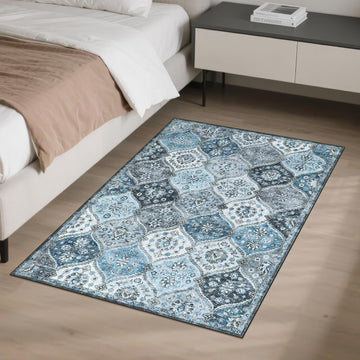 Garvee Tappeto piccolo 80 x 150 cm Tappeto vintage per ingresso, camera da letto, cucina, grigio e blu