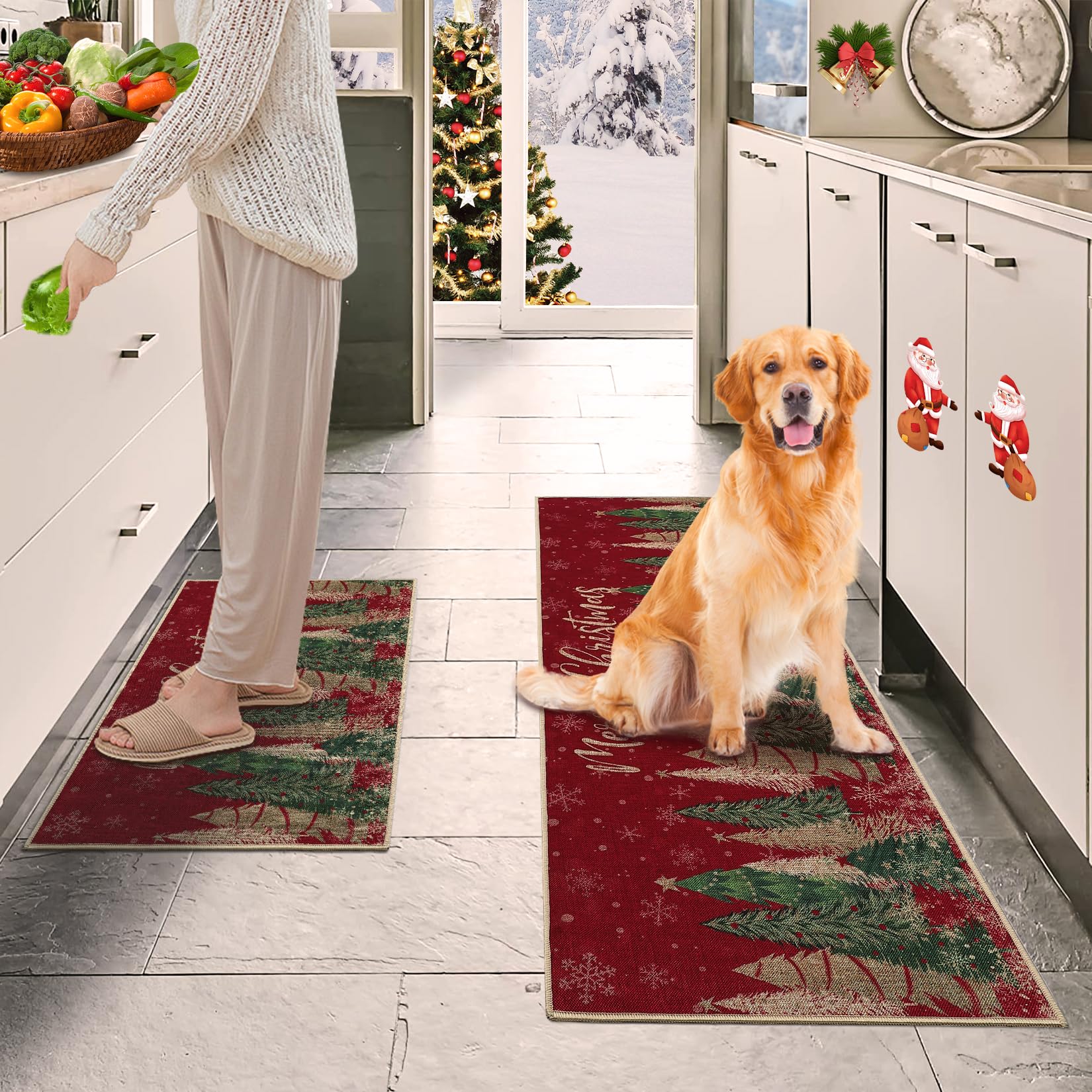 Tappetino da cucina Garvee Christmas Tree, set da 2 pezzi, antiscivolo, imitazione canapa, 40x60 + 40x120 cm, design festoso