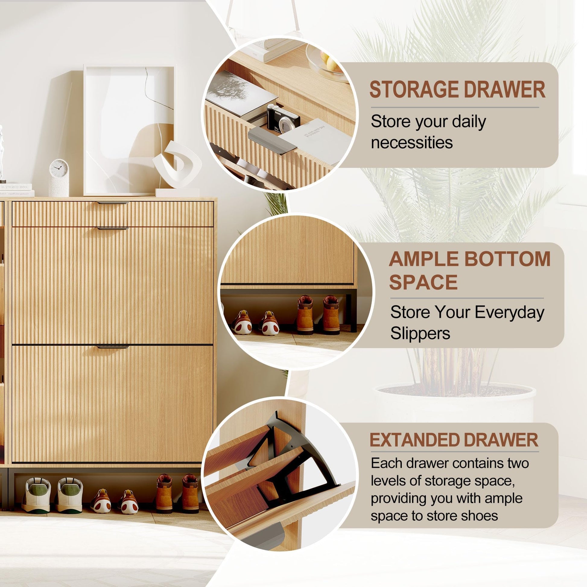 Scarpiera moderna Garvee con 3 cassetti a ribalta e 2 cassetti piccoli, ganci per corridoi stretti, appartamento, 31,5x9,45x52,36 pollici, legno fiammato